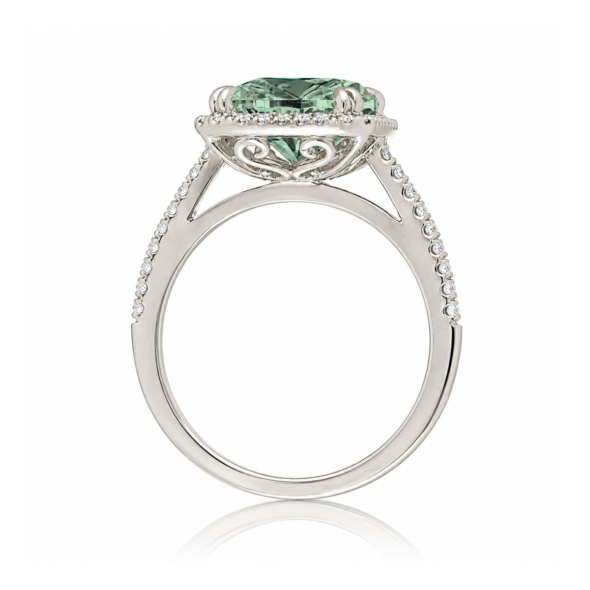 Emerald cut green sapphire diamond halo and square band cathedral setting white gold