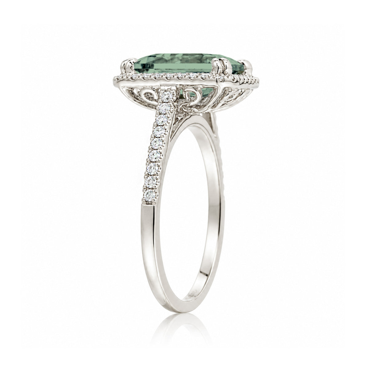 Emerald cut green sapphire diamond halo and square band cathedral setting white gold