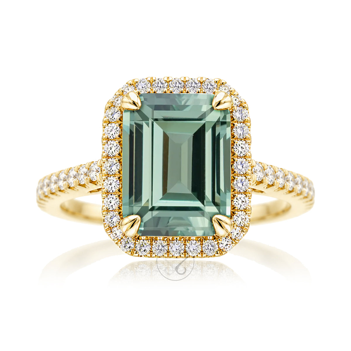 Emerald cut green sapphire diamond halo and square band cathedral setting yellow gold
