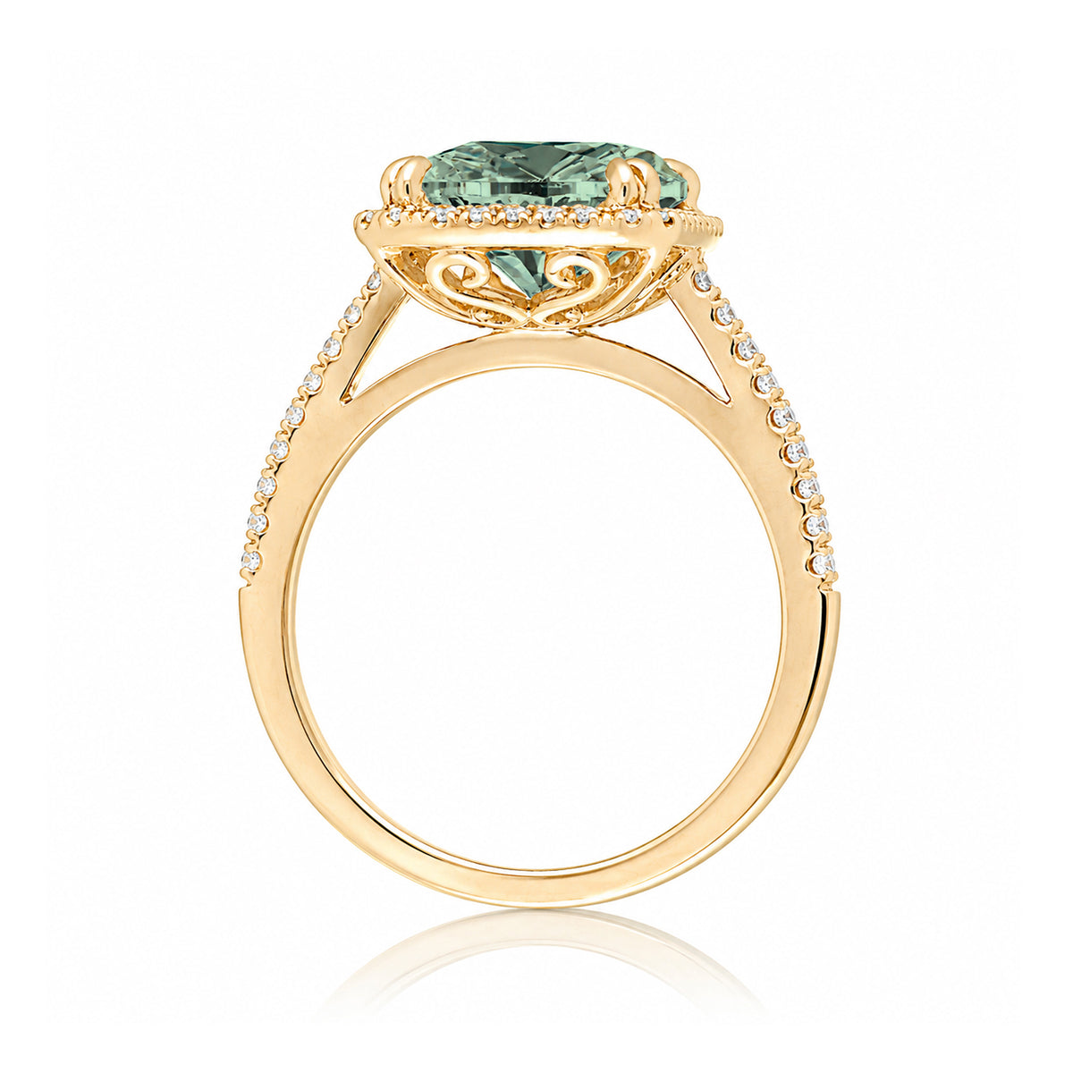 Emerald cut green sapphire diamond halo and square band cathedral setting yellow gold