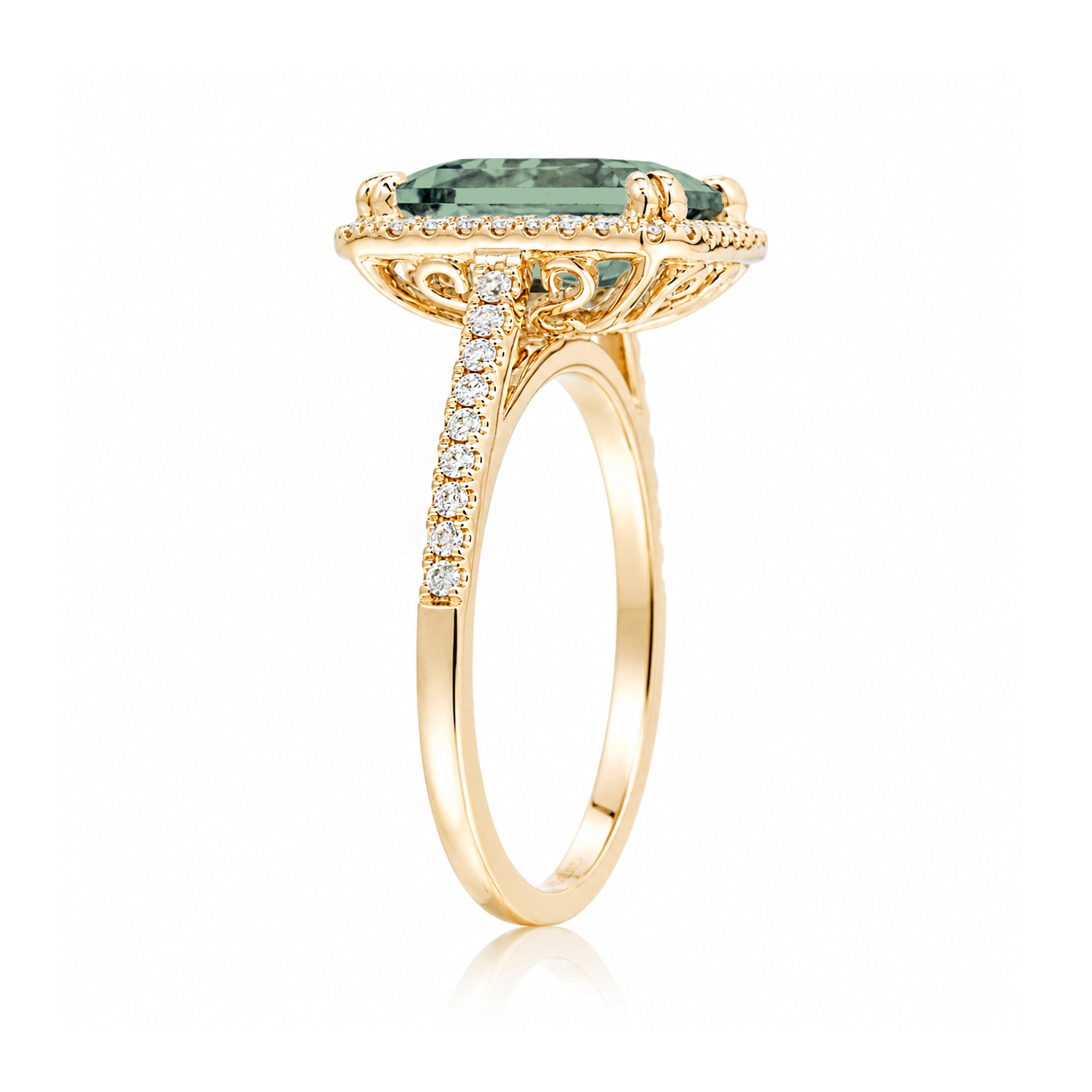 Emerald cut green sapphire diamond halo and square band cathedral setting yellow gold