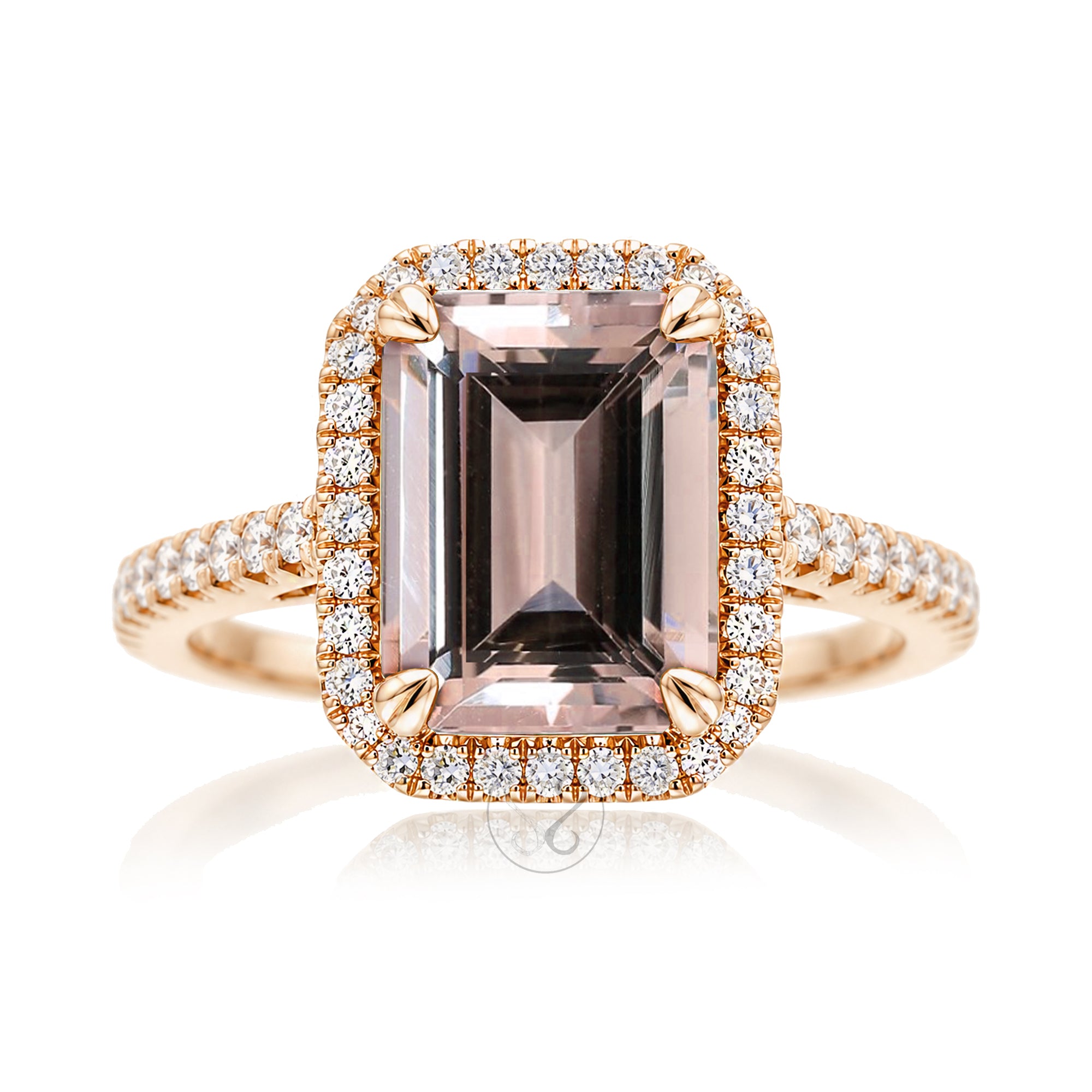 Emerald cut morganite diamond halo and square band cathedral setting rose gold
