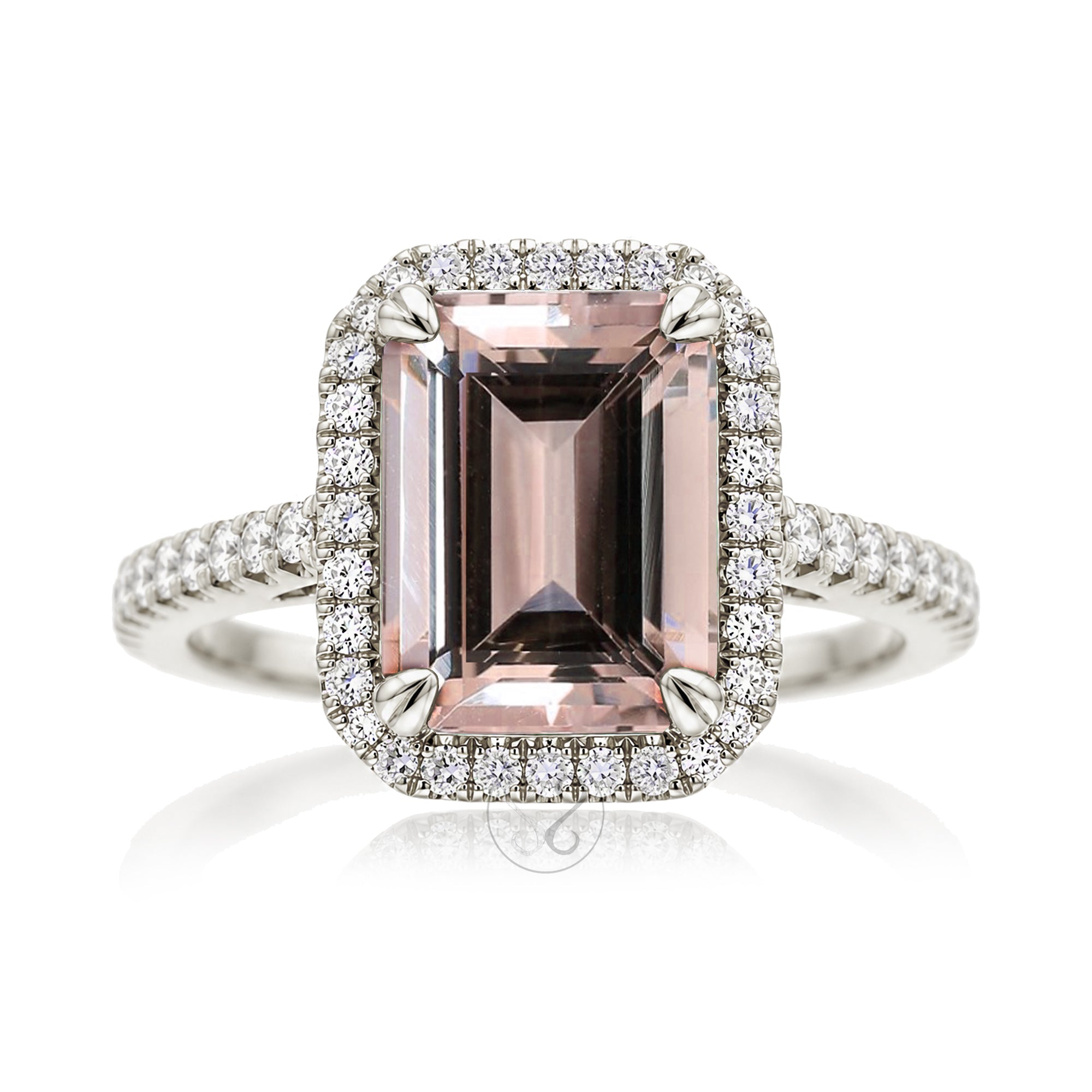 Emerald cut morganite diamond halo and square band cathedral setting white gold