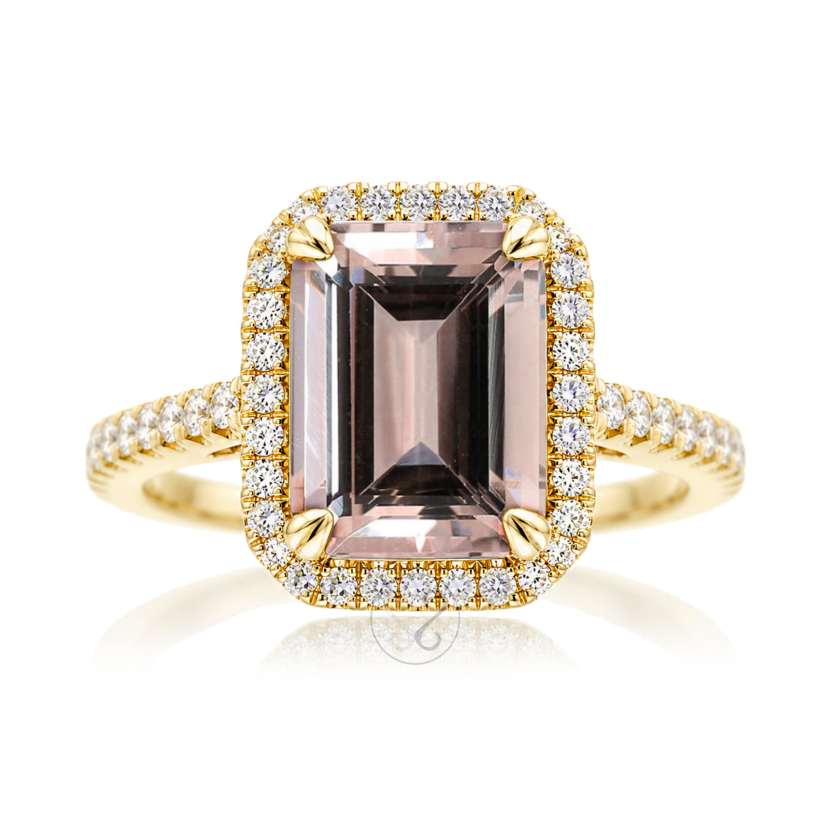 Emerald cut morganite diamond halo and square band cathedral setting yellow gold