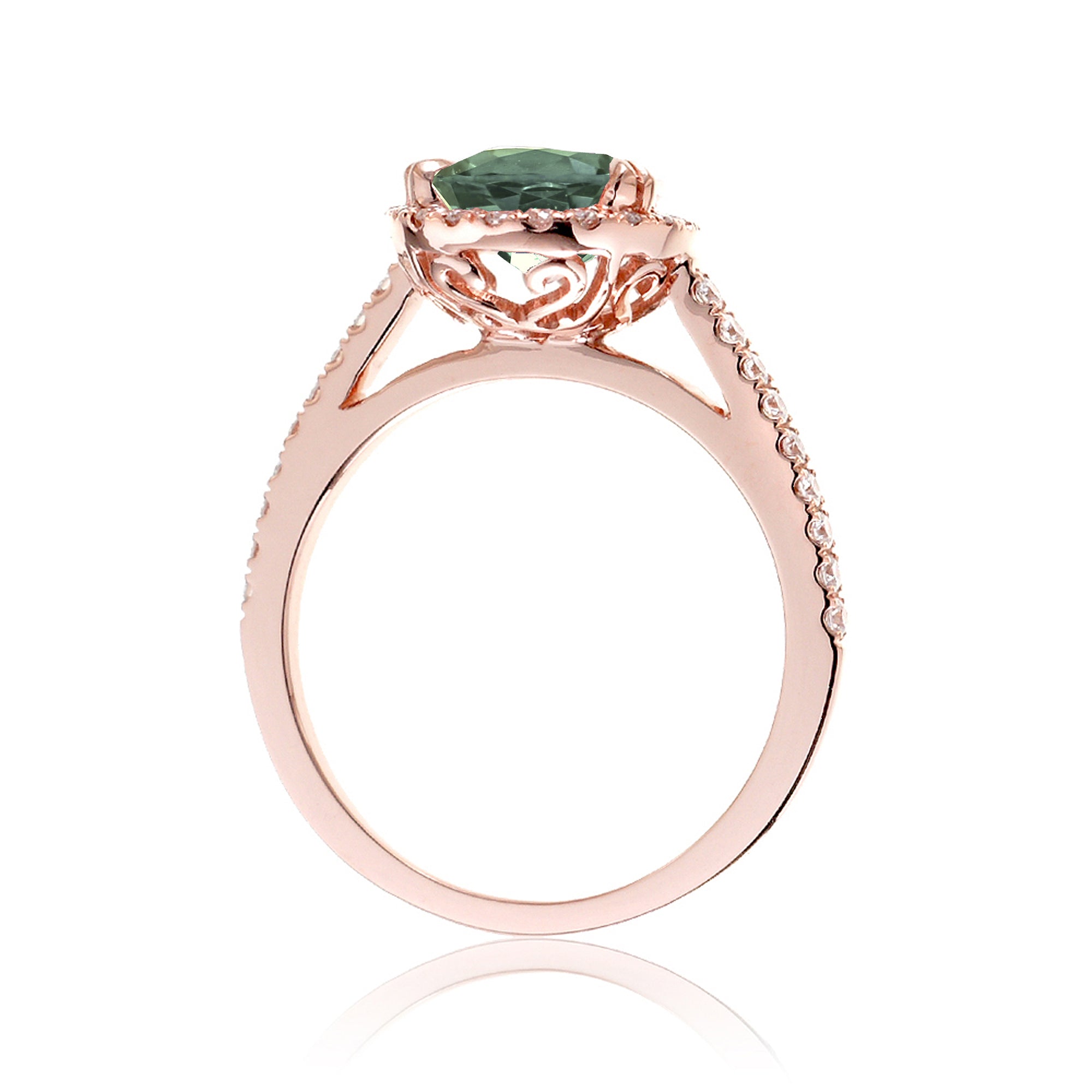Oval green sapphire engagement ring with diamond halo in rose gold