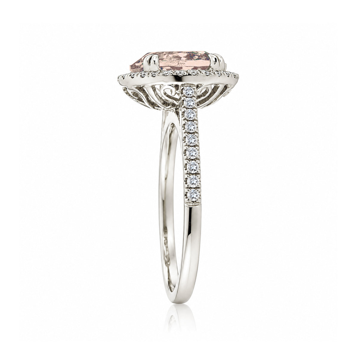 Oval morganite diamond halo ring in white gold with square band