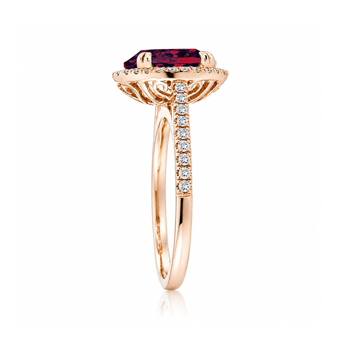 Oval ruby diamond halo engagement ring with square band in a cathedral rose gold setting