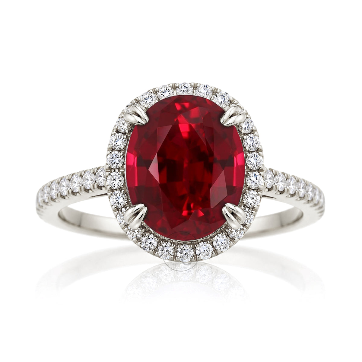 Oval ruby diamond halo engagement ring with square band in a cathedral white gold setting