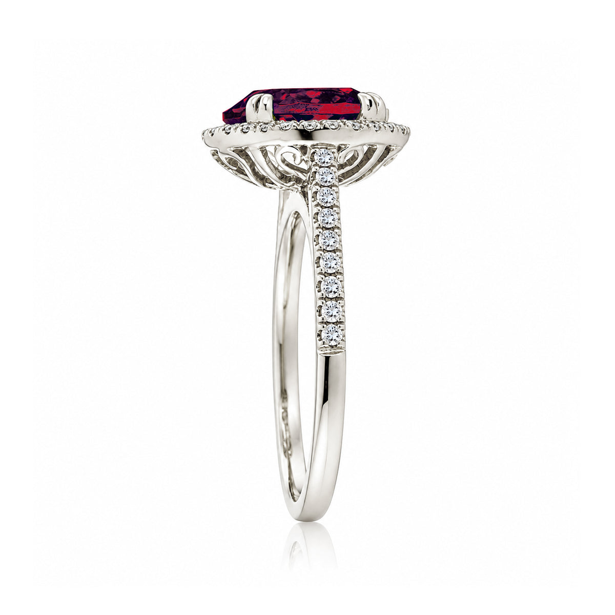 Oval ruby diamond halo engagement ring with square band in a cathedral white gold setting