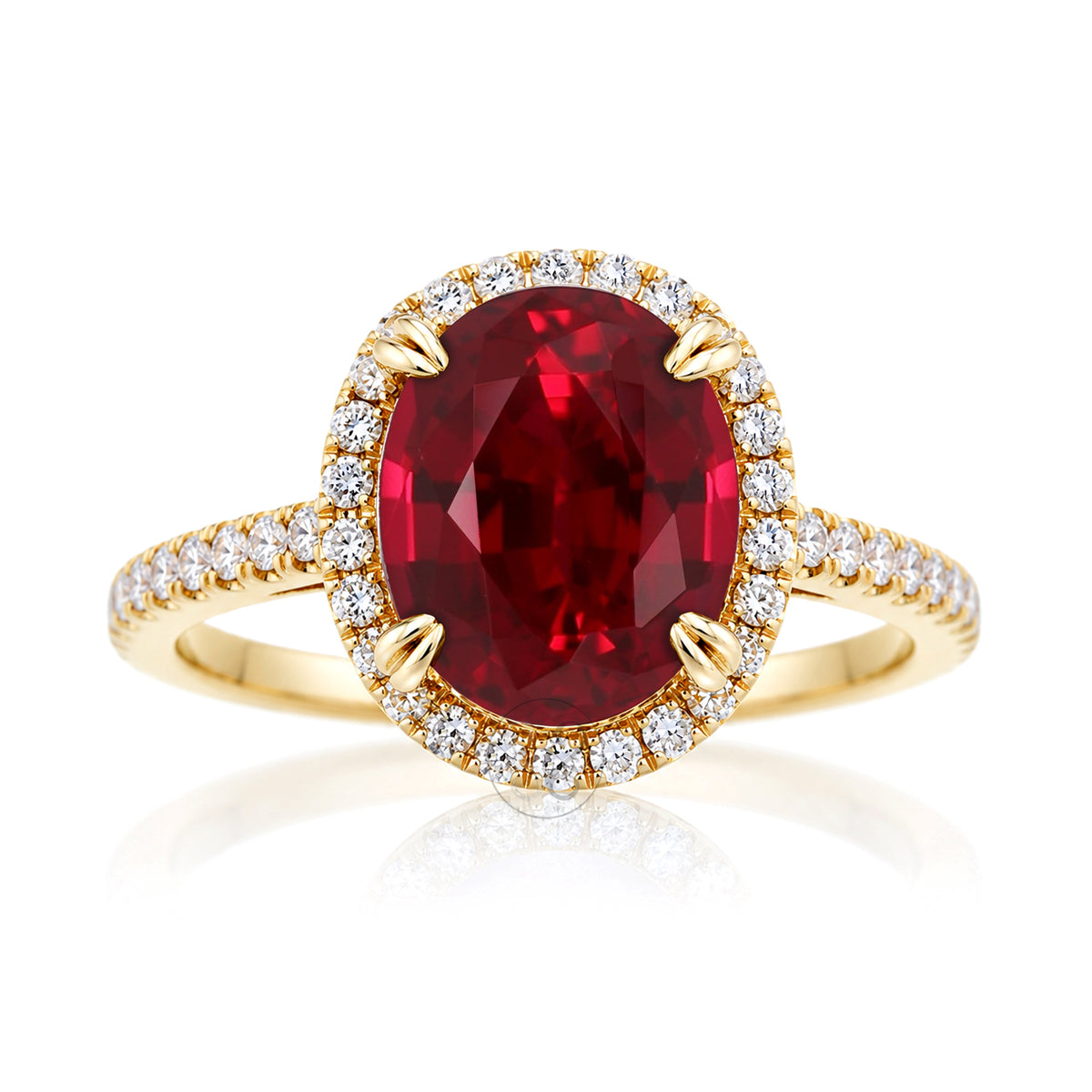 Oval ruby diamond halo engagement ring with square band in a cathedral yellow gold setting