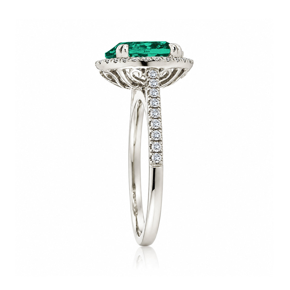 Round emerald diamond halo ring with squarish diamond band white gold