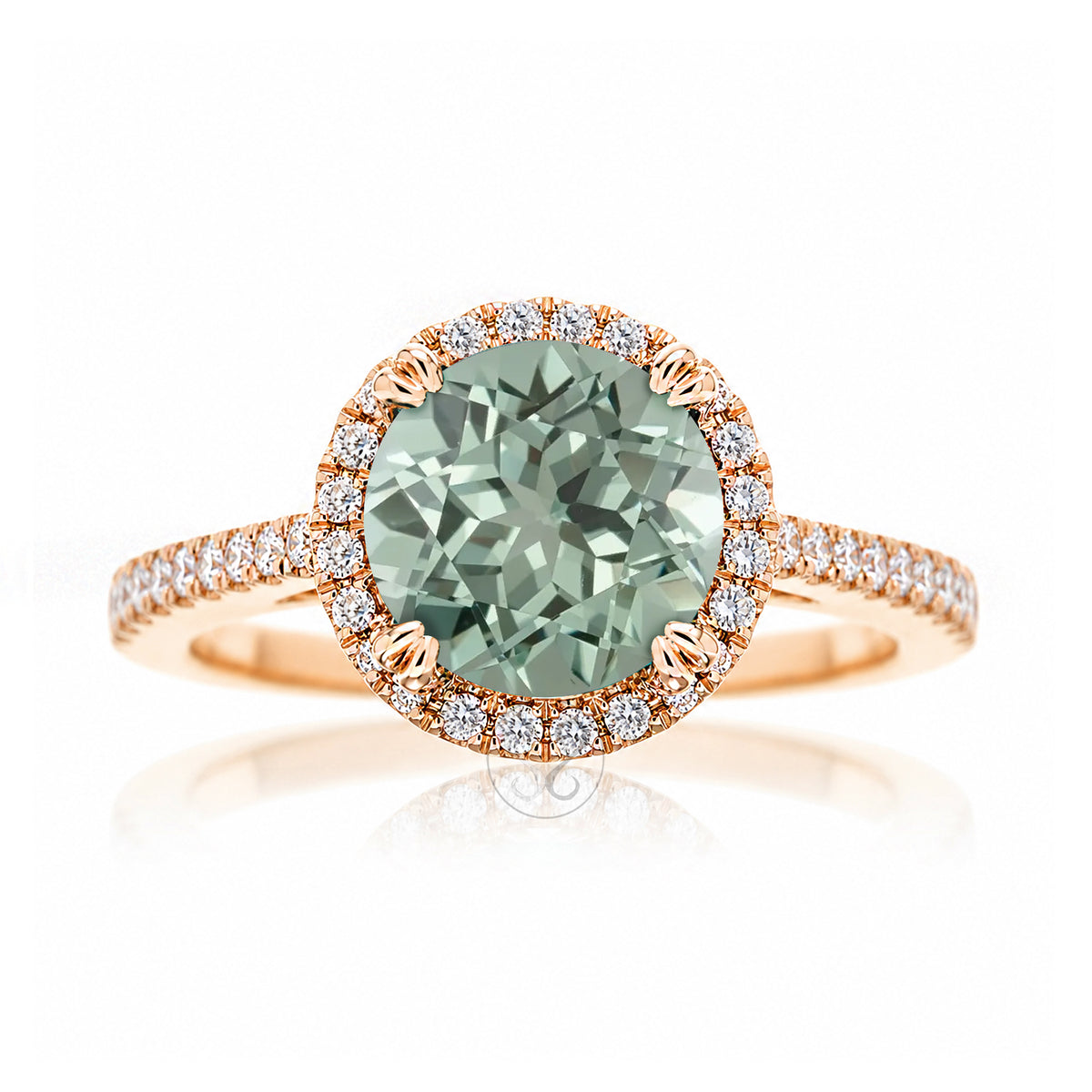 Round green sapphire diamond halo ring with squarish diamond band rose gold