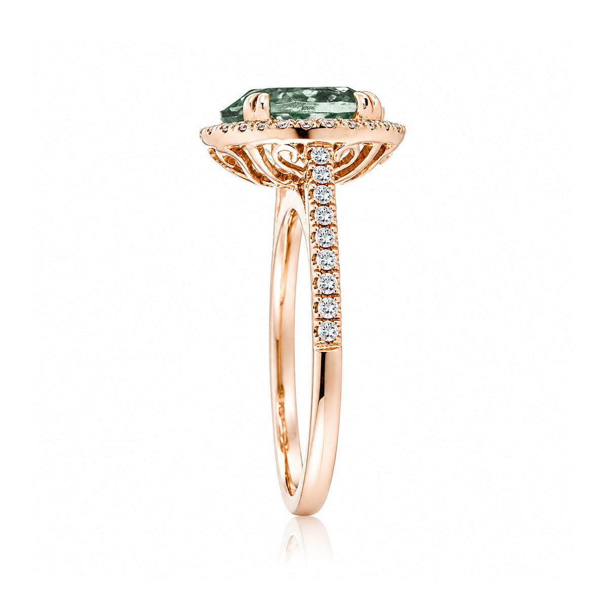 Round green sapphire diamond halo ring with squarish diamond band rose gold