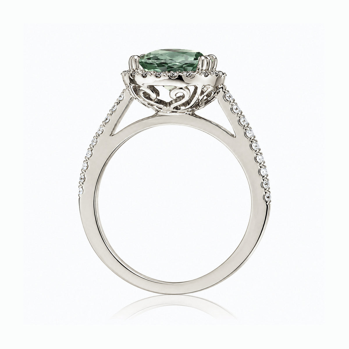 Round green sapphire diamond halo ring with squarish diamond band white gold