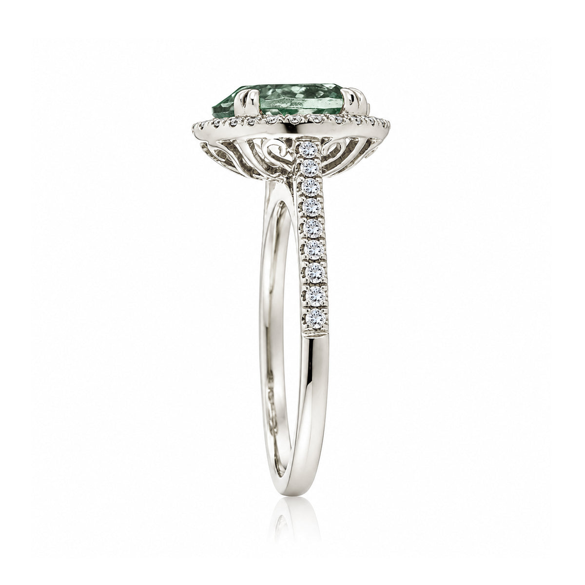 Round green sapphire diamond halo ring with squarish diamond band white gold