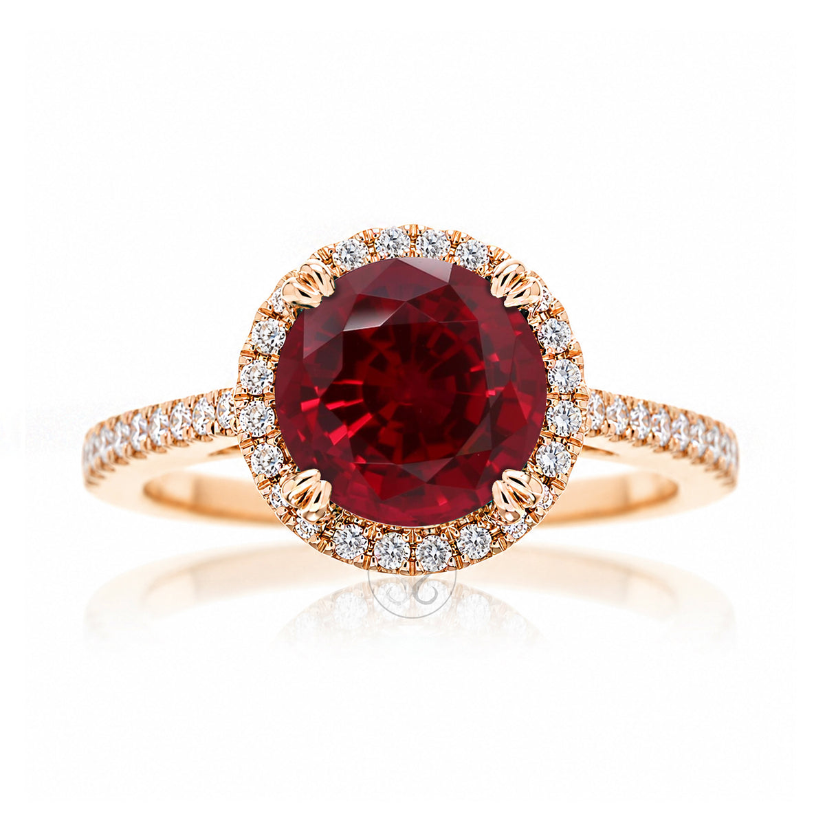 Round ruby diamond halo ring with squarish diamond band rose gold