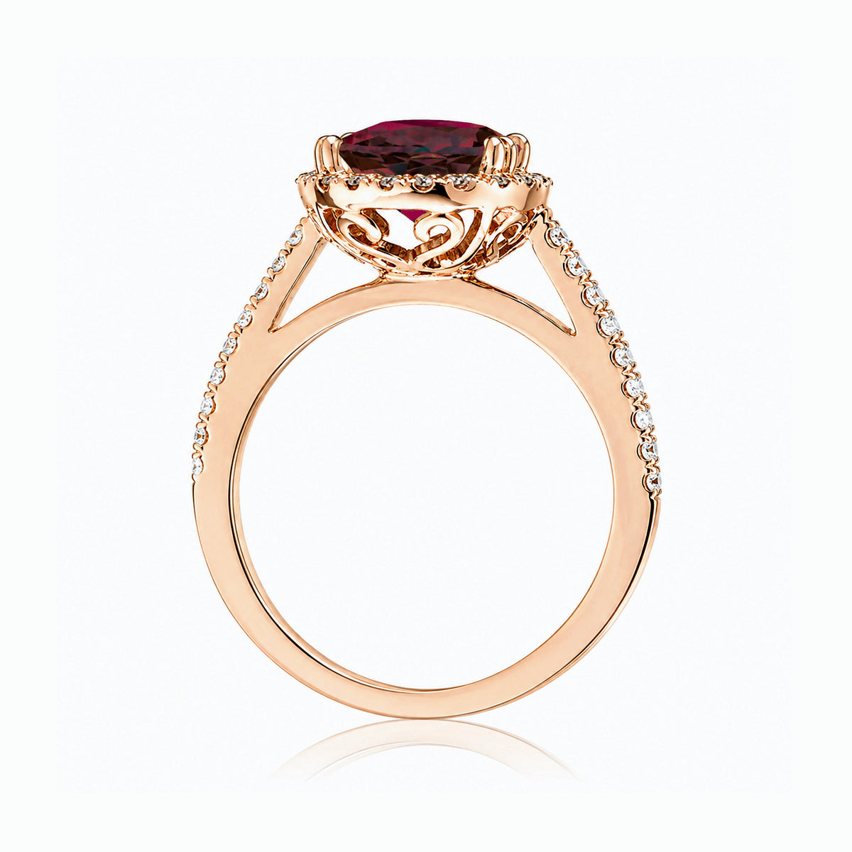 Round ruby diamond halo ring with squarish diamond band rose gold
