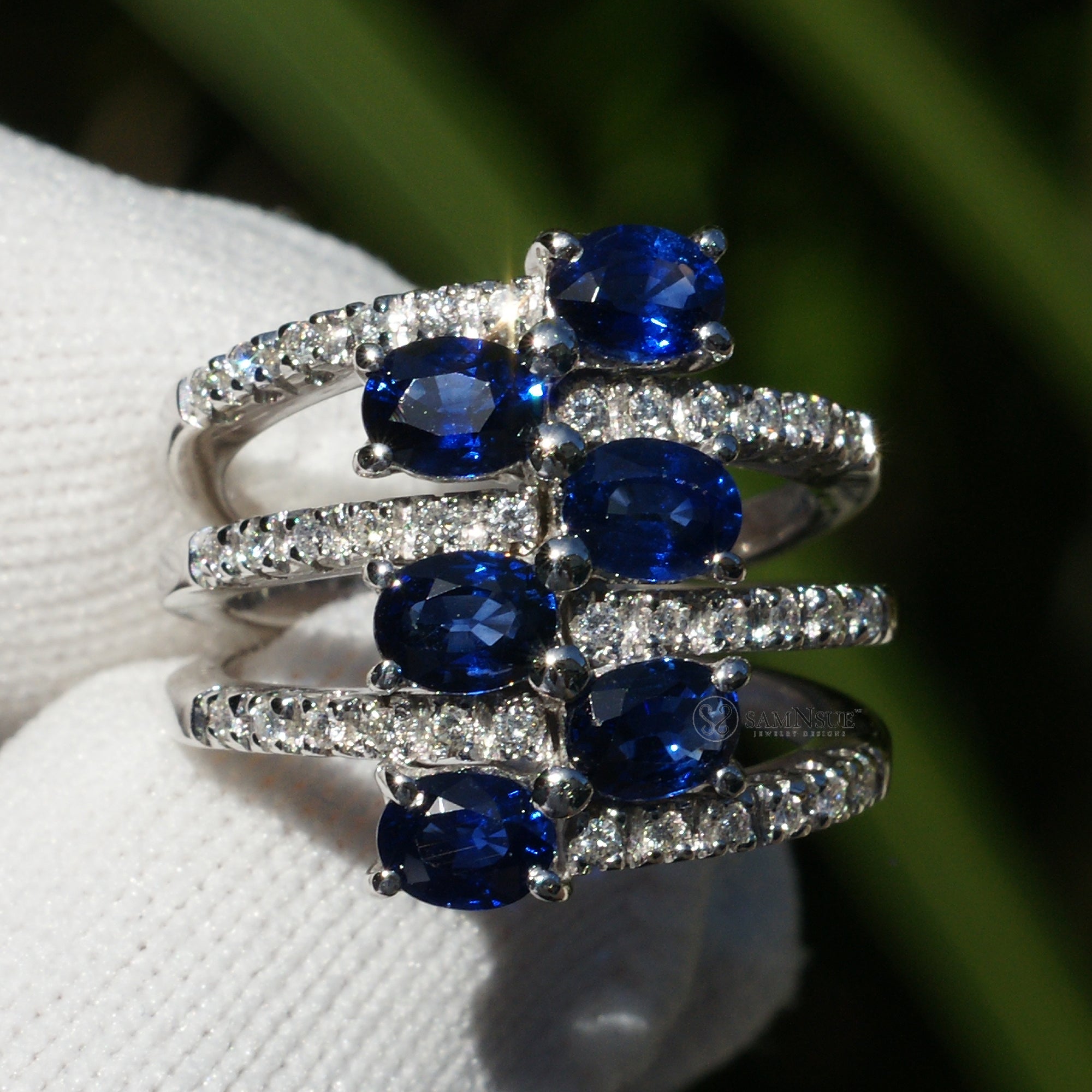 Sapphire cocktail anniversary diamond band white gold