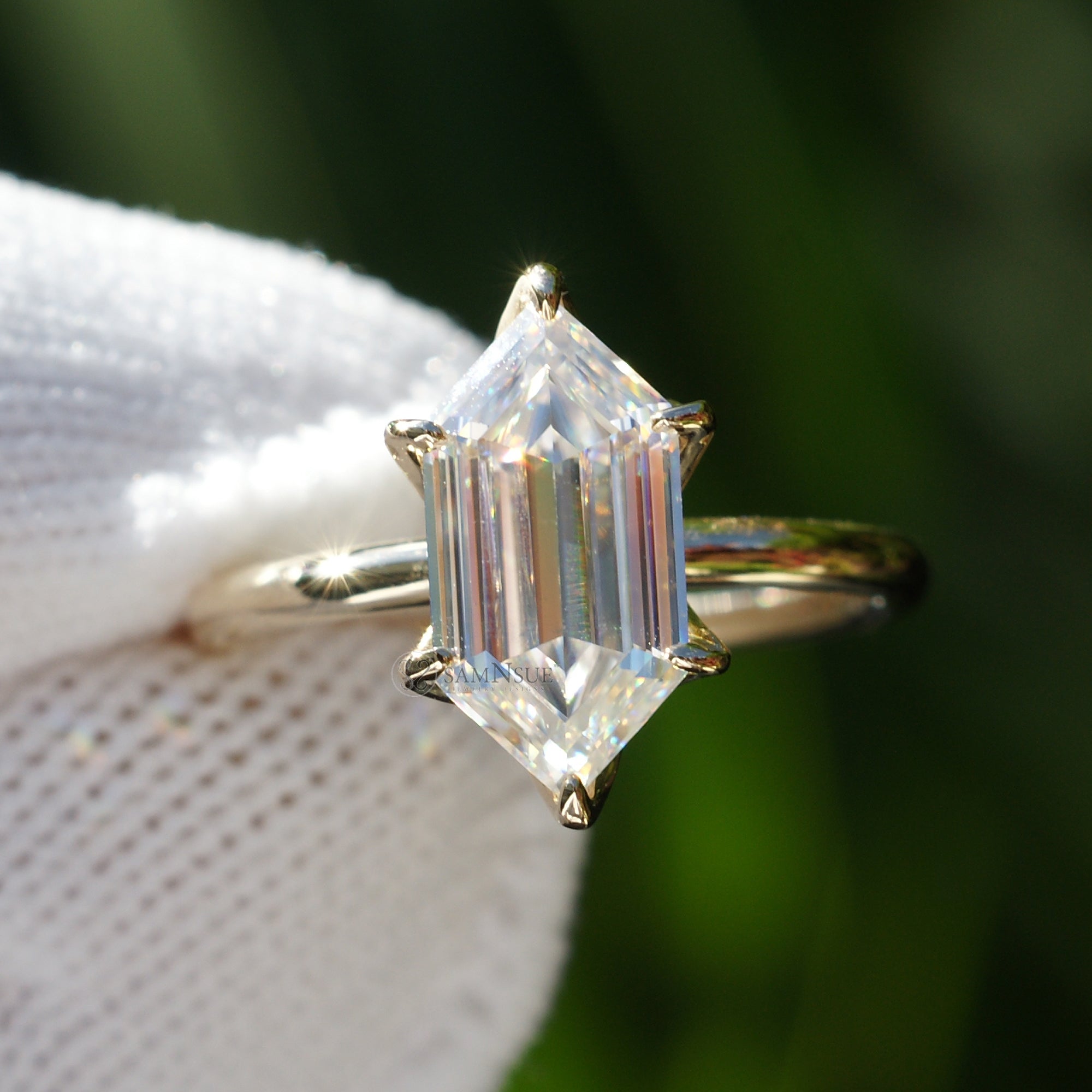 Solitaire moissanite hexagon kite cut yellow gold engagement ring