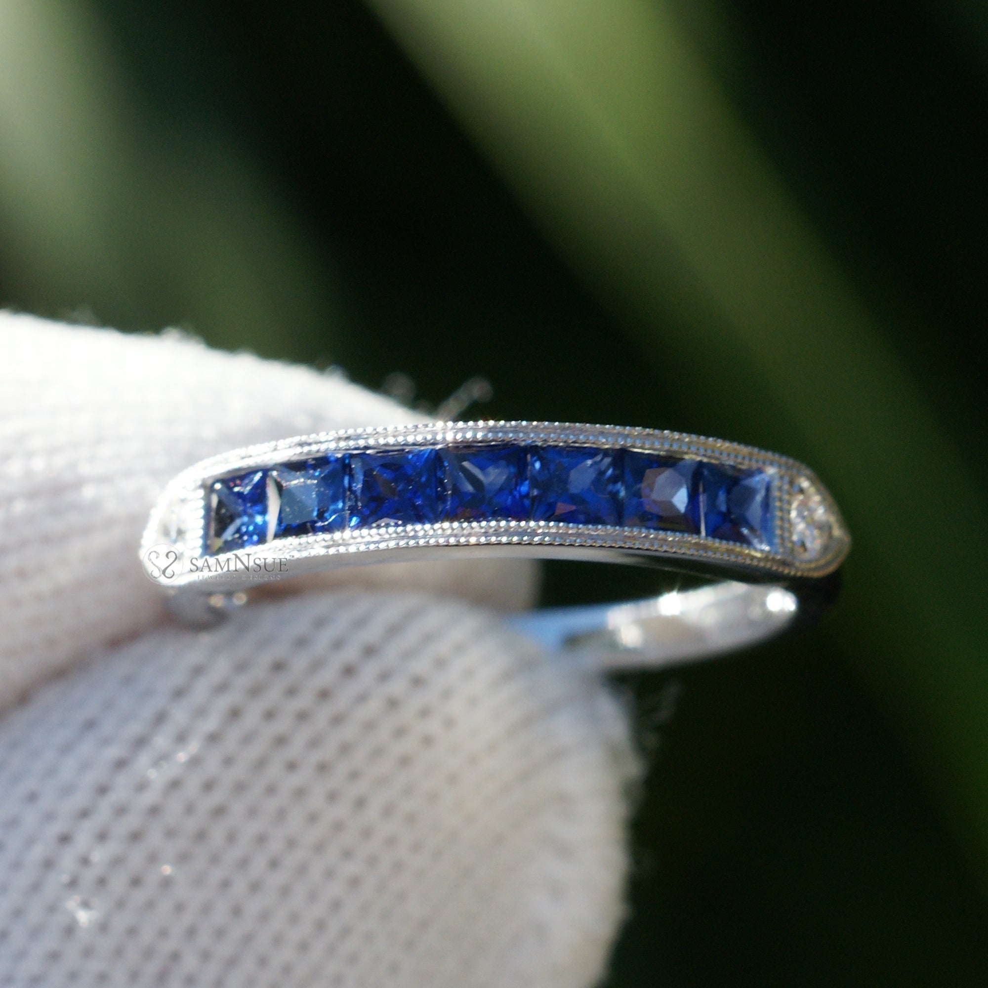 Channel set blue sapphire wedding anniversary band vintage style white gold