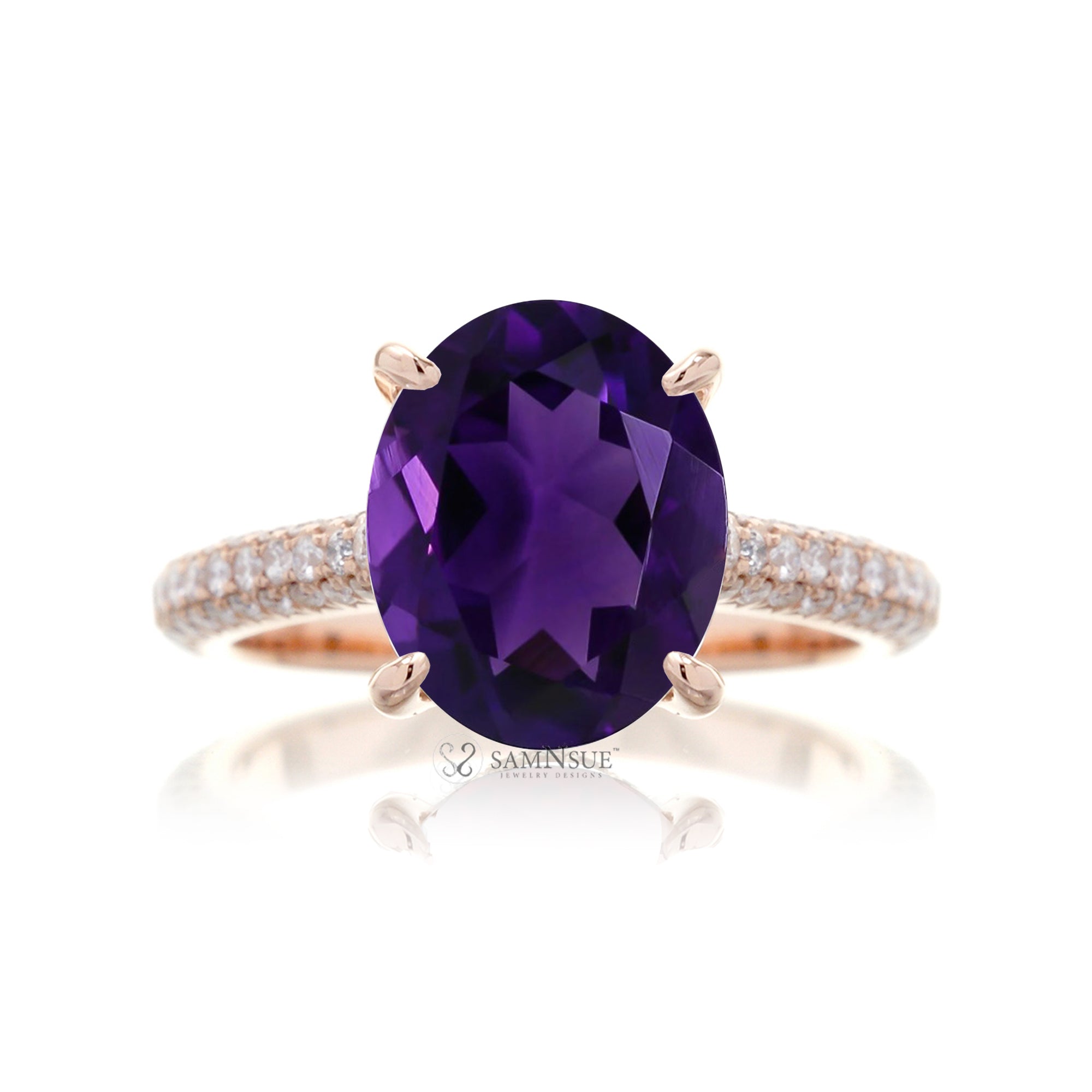 Oval Amethyst and Diamond Ring with 3-Row Band in Platinum or Gold