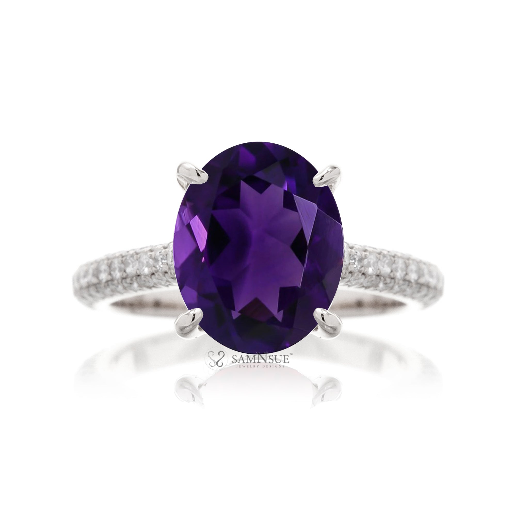 Oval Amethyst and Diamond Ring with 3-Row Band in Platinum or Gold