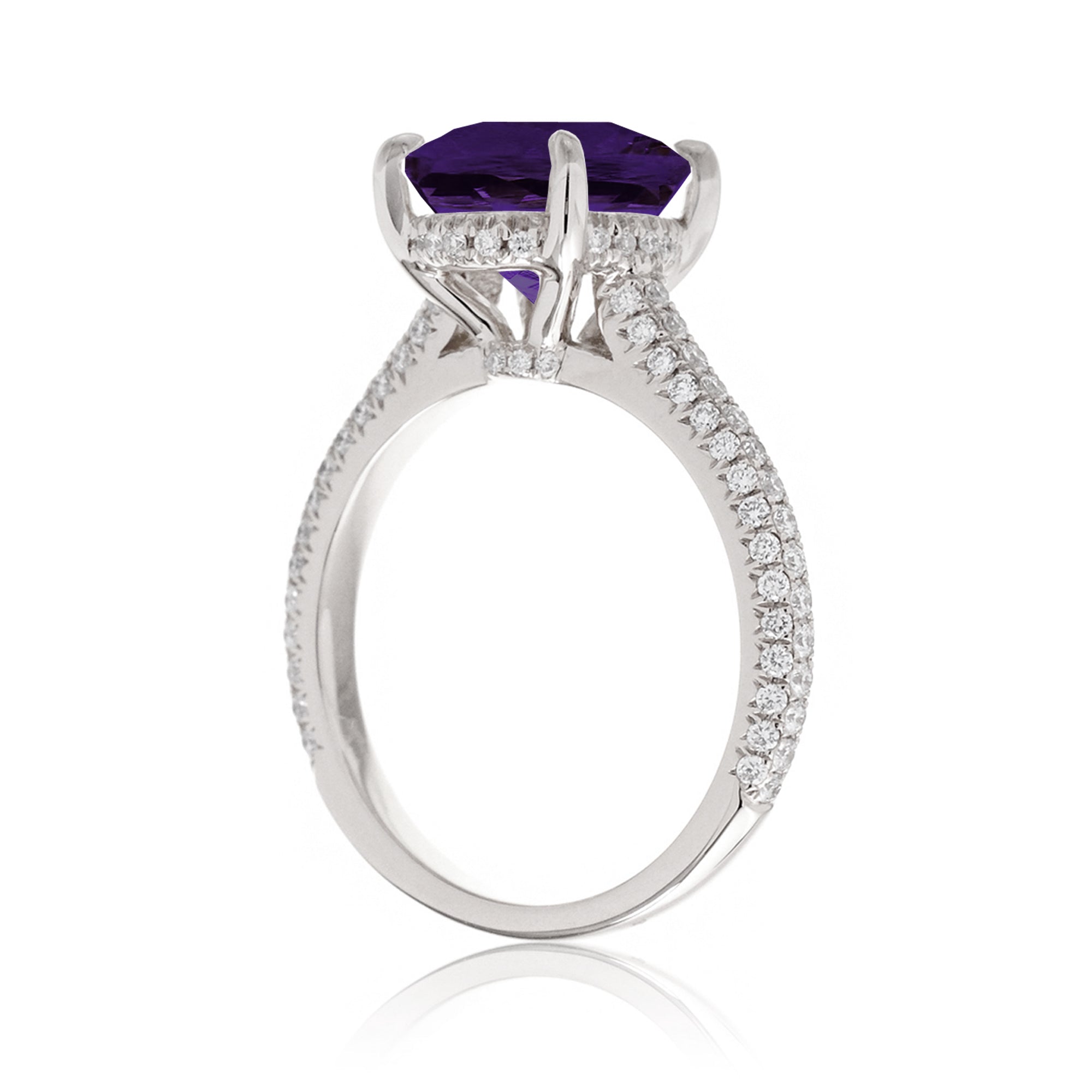Oval Amethyst and Diamond Ring with 3-Row Band in Platinum or Gold