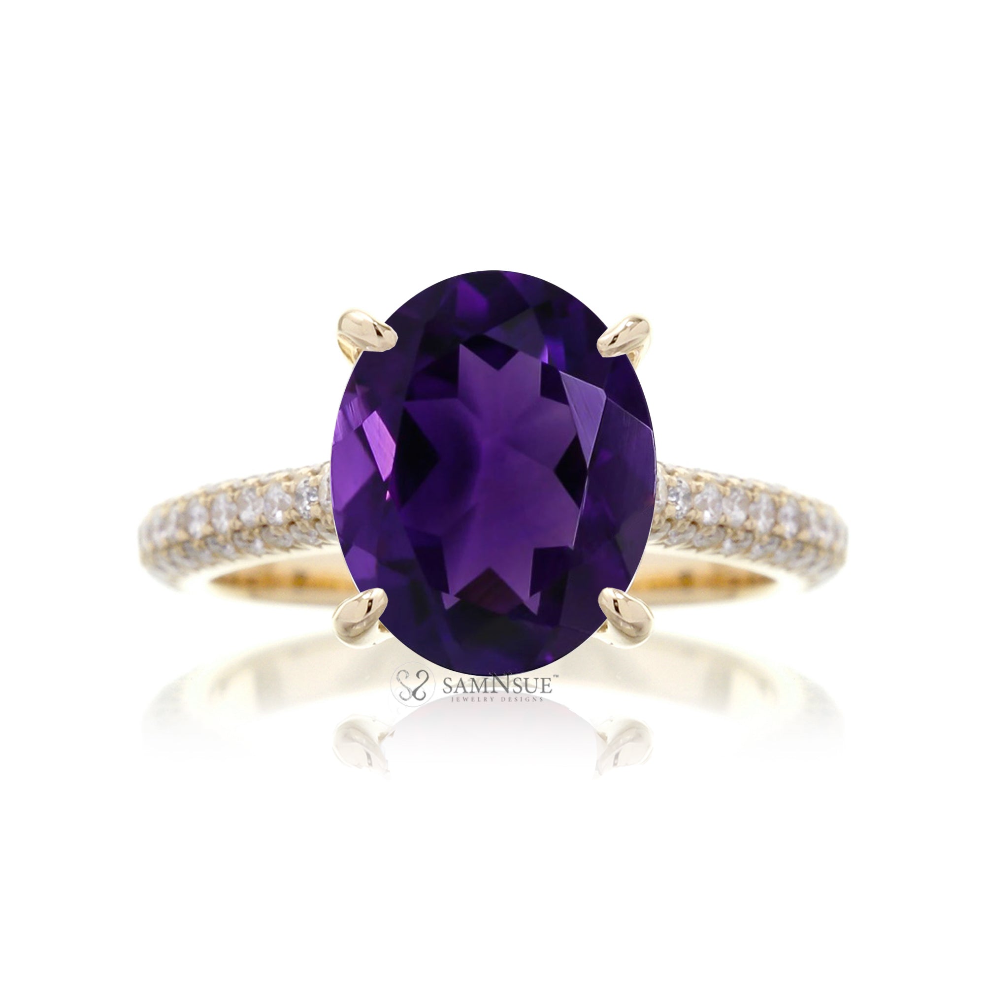 Oval Amethyst and Diamond Ring with 3-Row Band in Platinum or Gold