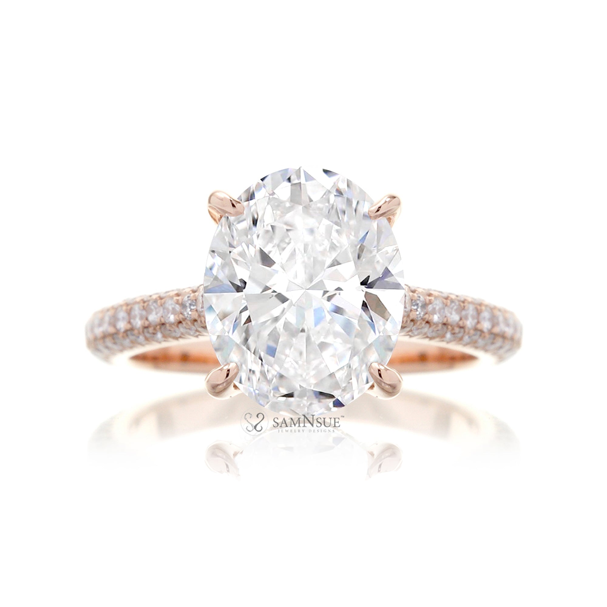 Oval Diamond Ring with Three Row Diamond Band in White, Rose, or Yellow Gold