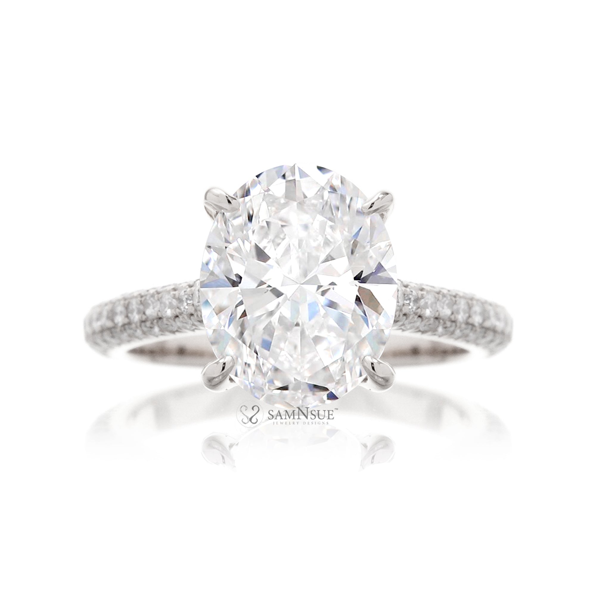 Oval Diamond Engagement Ring with 3-Row Diamond Band – 18K White Gold or platinum