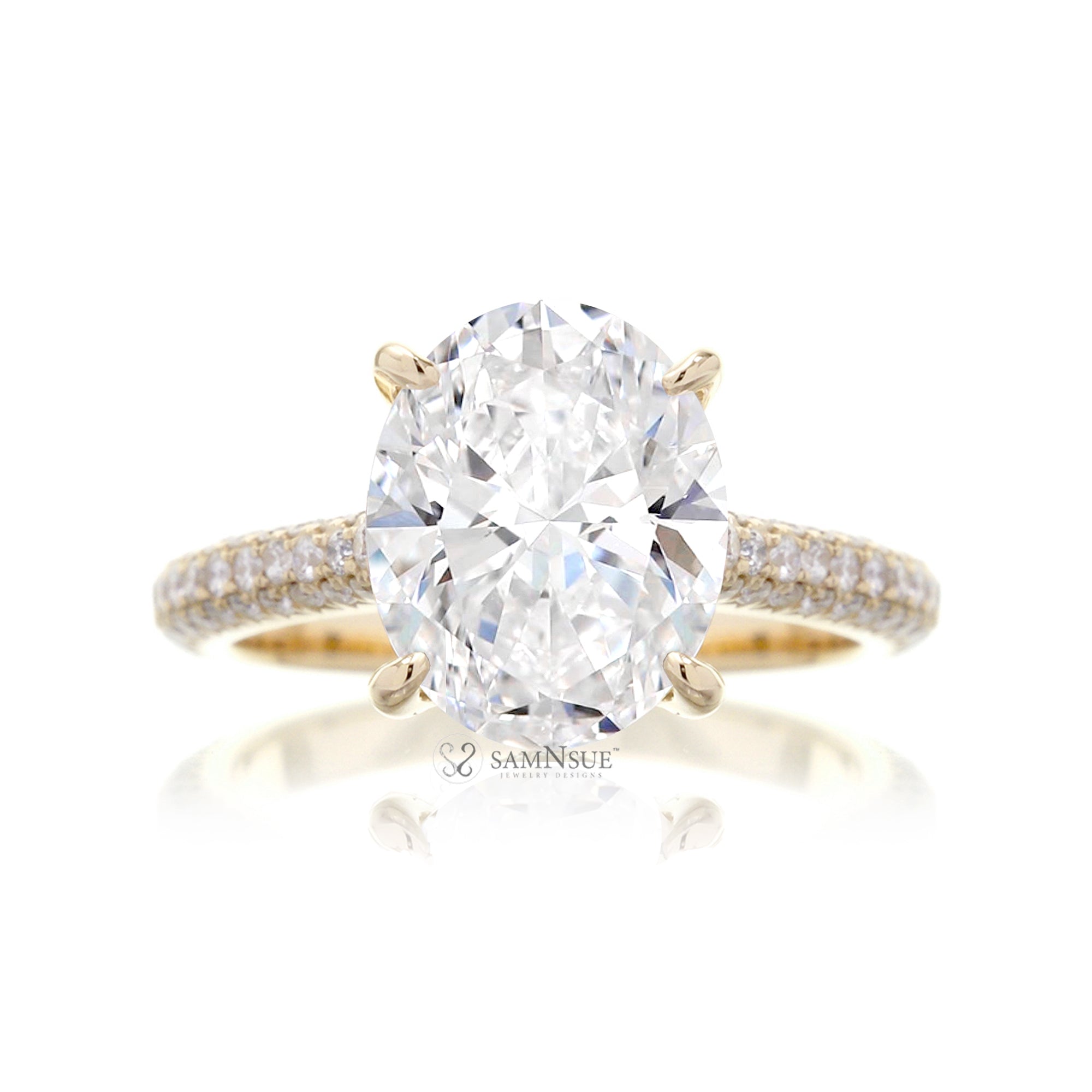 Classic Oval Diamond Ring with Triple Row Pavé Diamond Accents