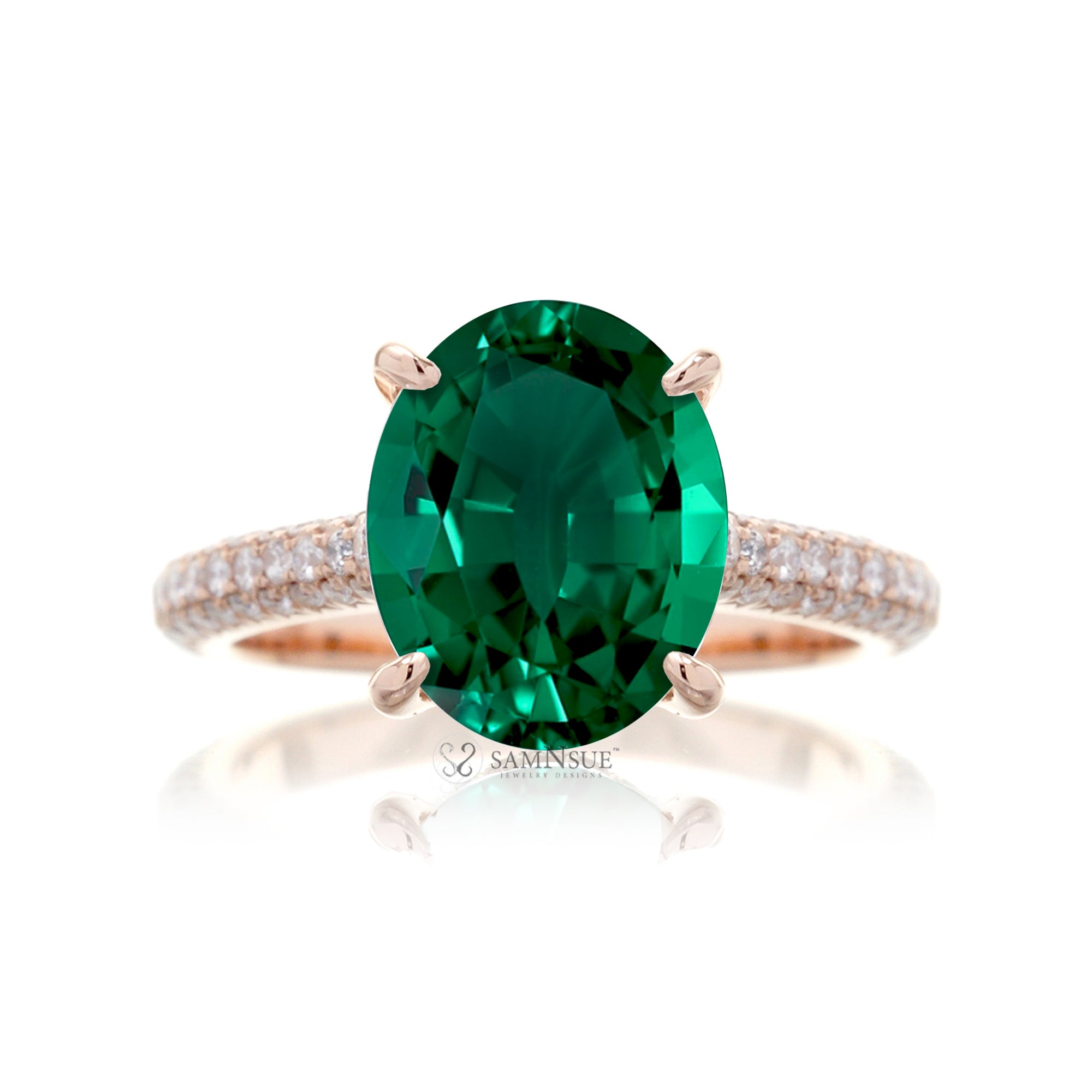 Oval Emerald Engagement Ring with 3-Row Diamond Band in Rose Gold