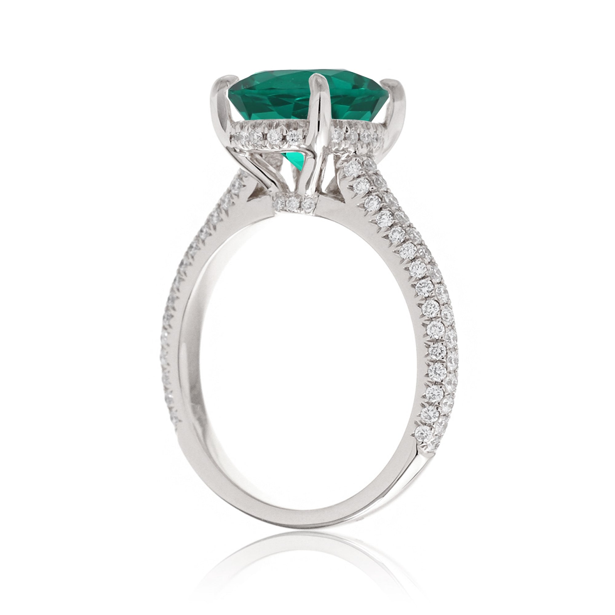 Green Emerald and Diamond Ring – Oval Cut with Triple Diamond Shank