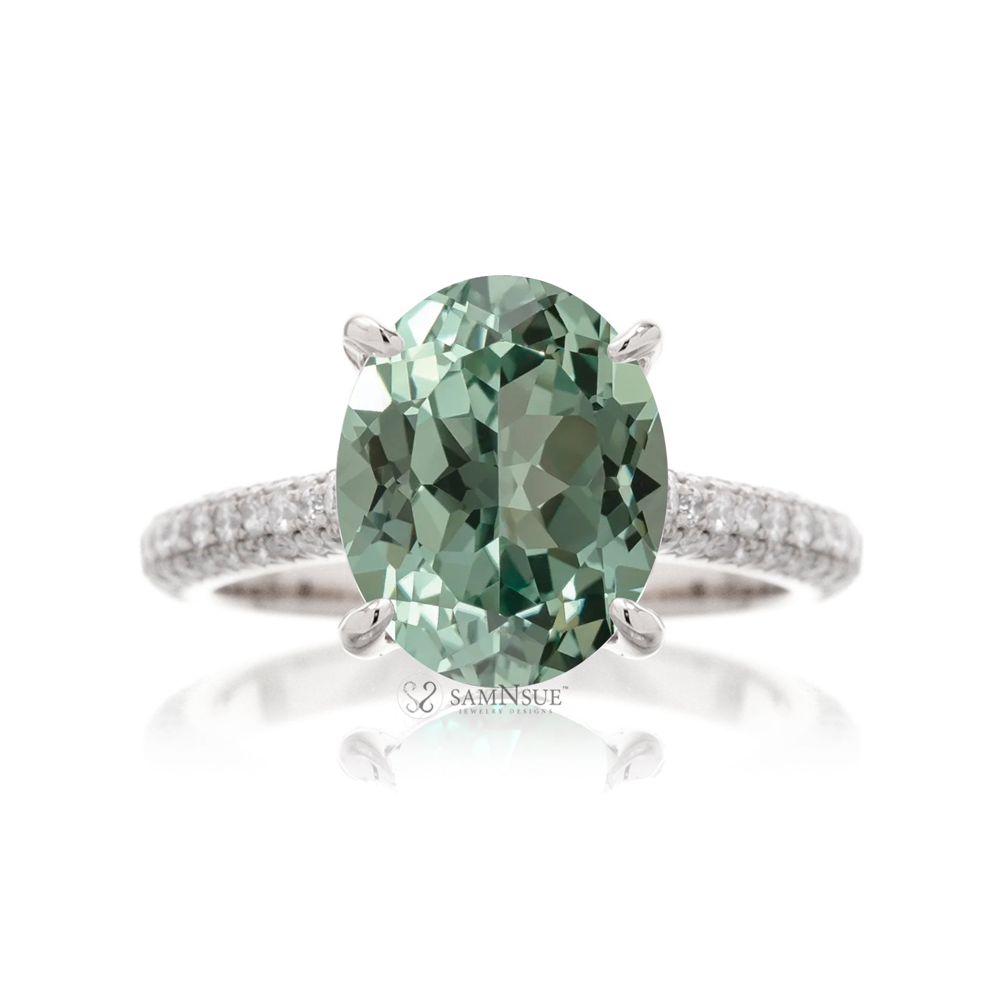 Oval Cut Green Sapphire Ring with Diamond Accents in Rose, Yellow, or White Gold