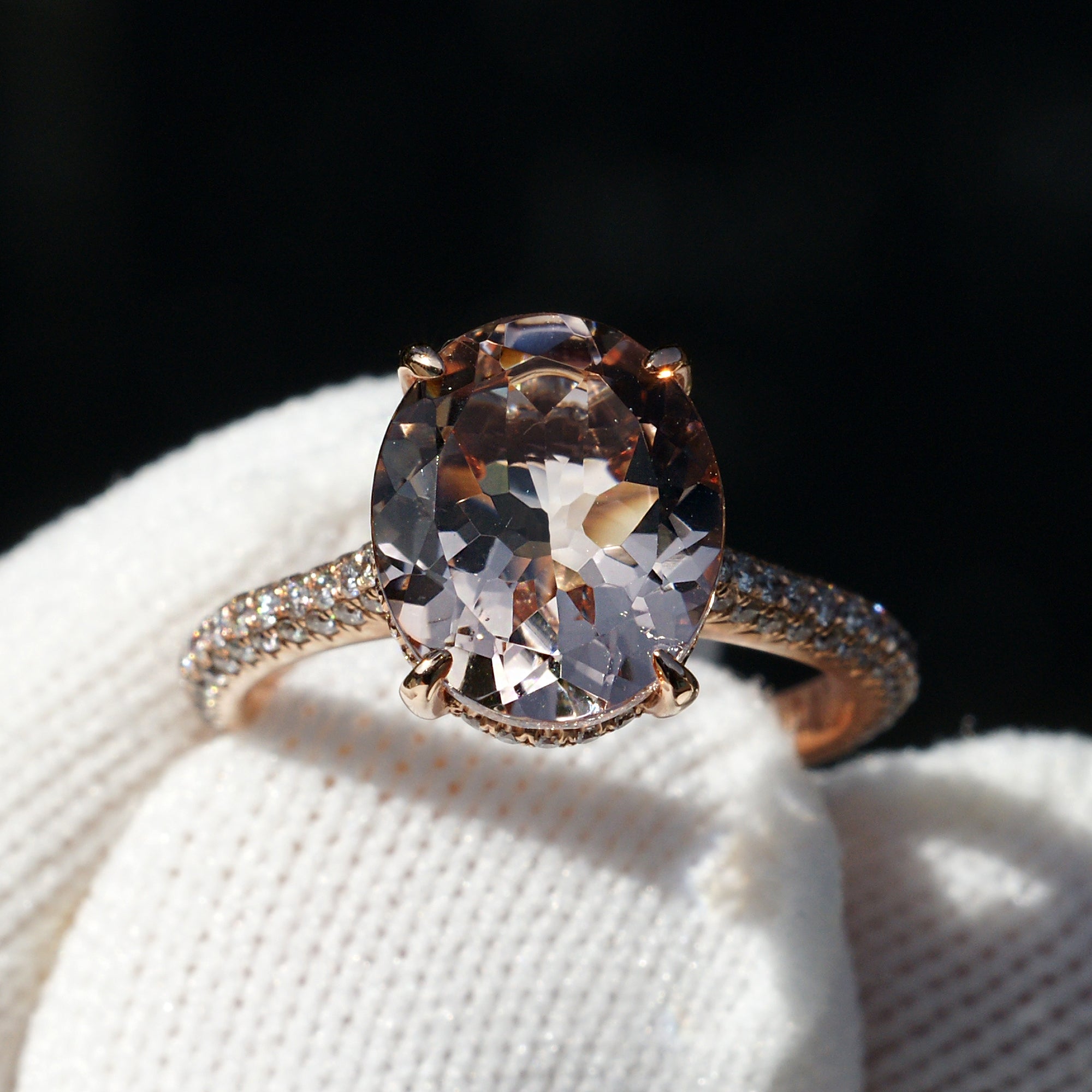 The Starlight Oval Morganite Solitaire Ring 11x9 Rose Gold