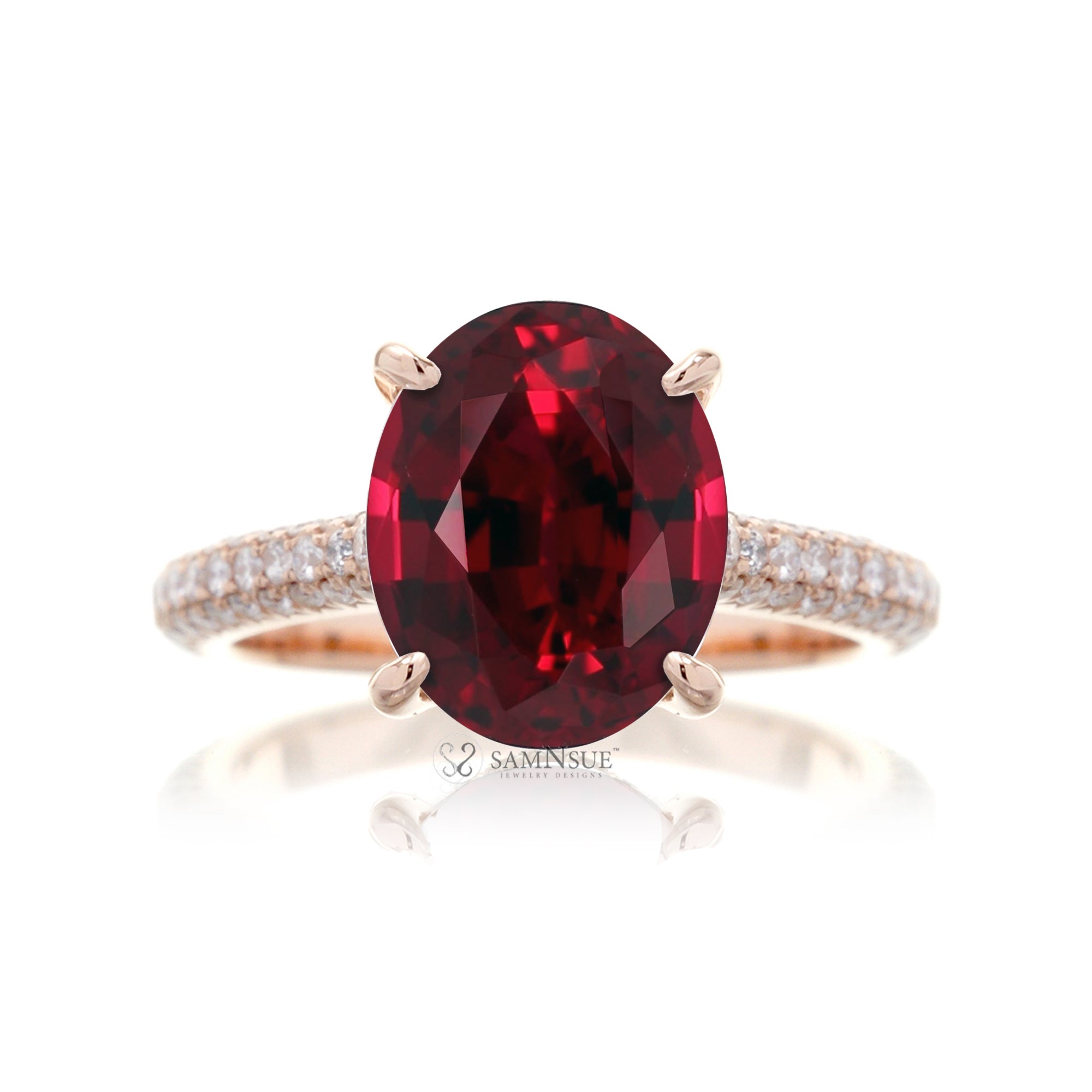 Oval Ruby Engagement Ring with Triple Diamond Band in Platinum or Gold
