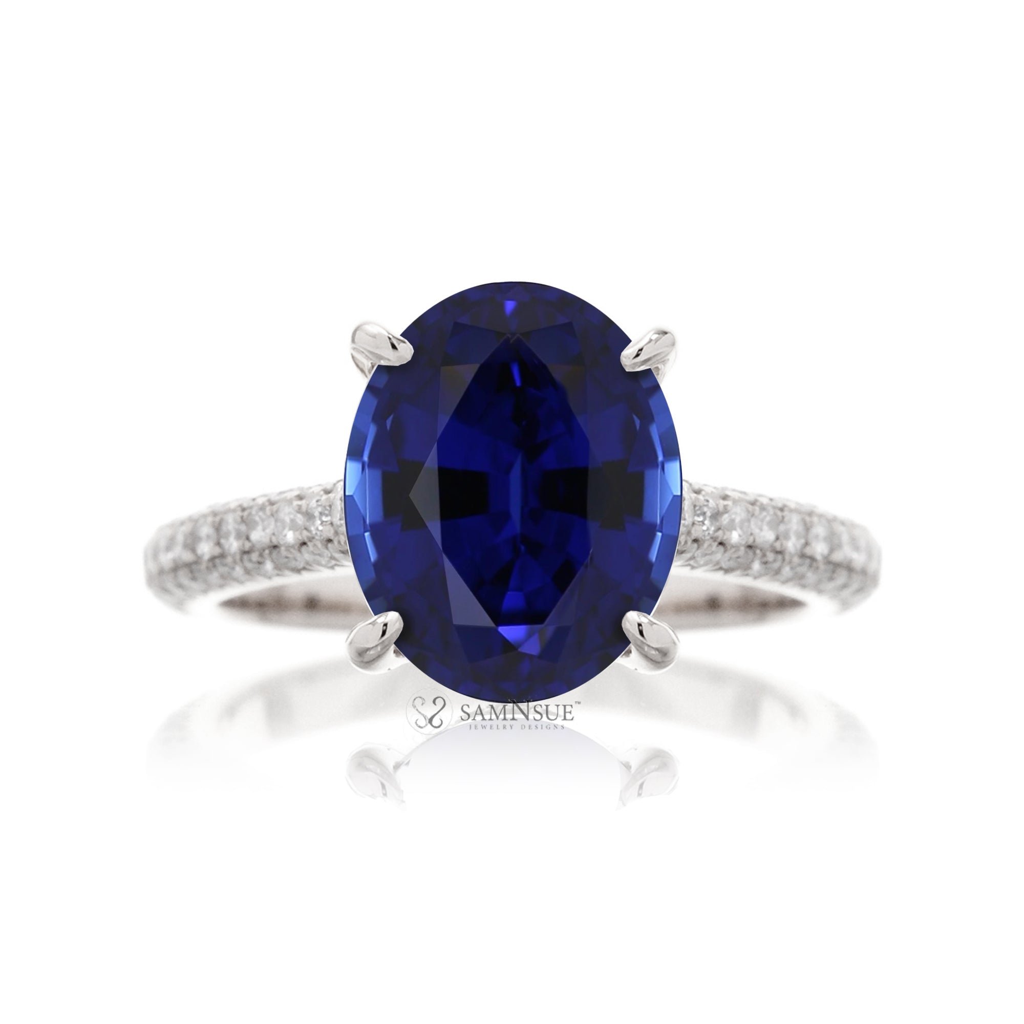 Oval Cut Blue Sapphire and Diamond Ring with Triple Pavé Band
