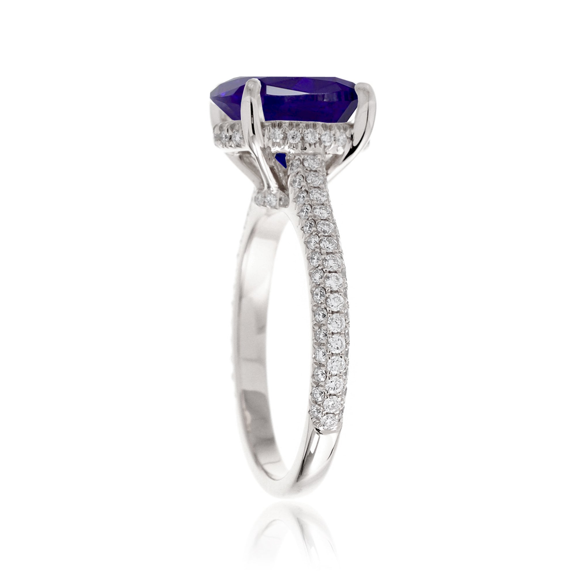 Oval Cut Blue Sapphire and Diamond Ring with Triple Pavé Band