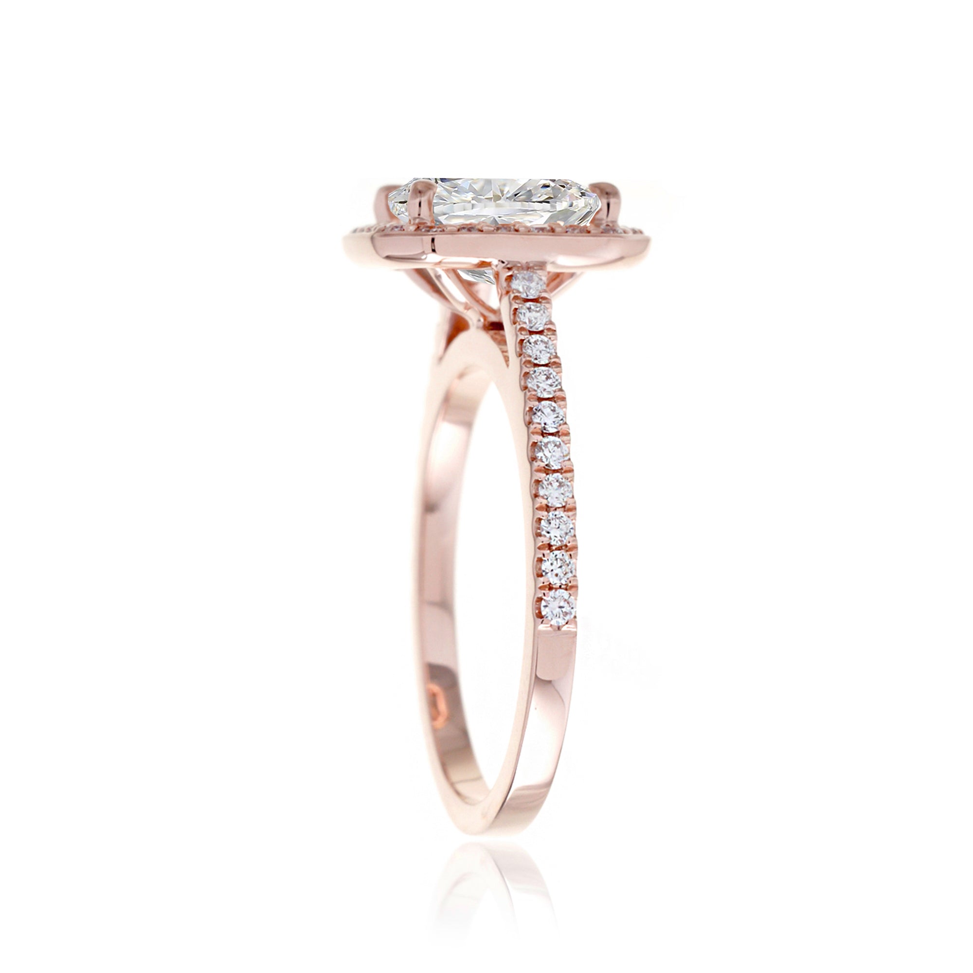 Cushion lab-grown diamond halo cathedral engagement ring - the Steffy rose gold