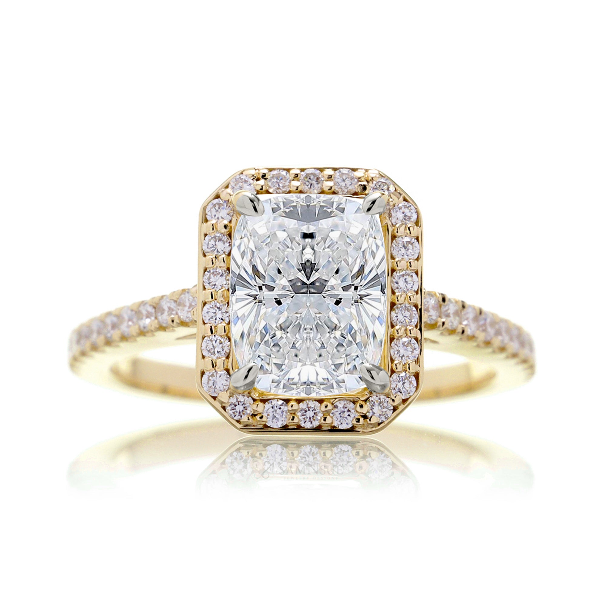 Cushion lab-grown diamond halo cathedral engagement ring - the Steffy yellow gold