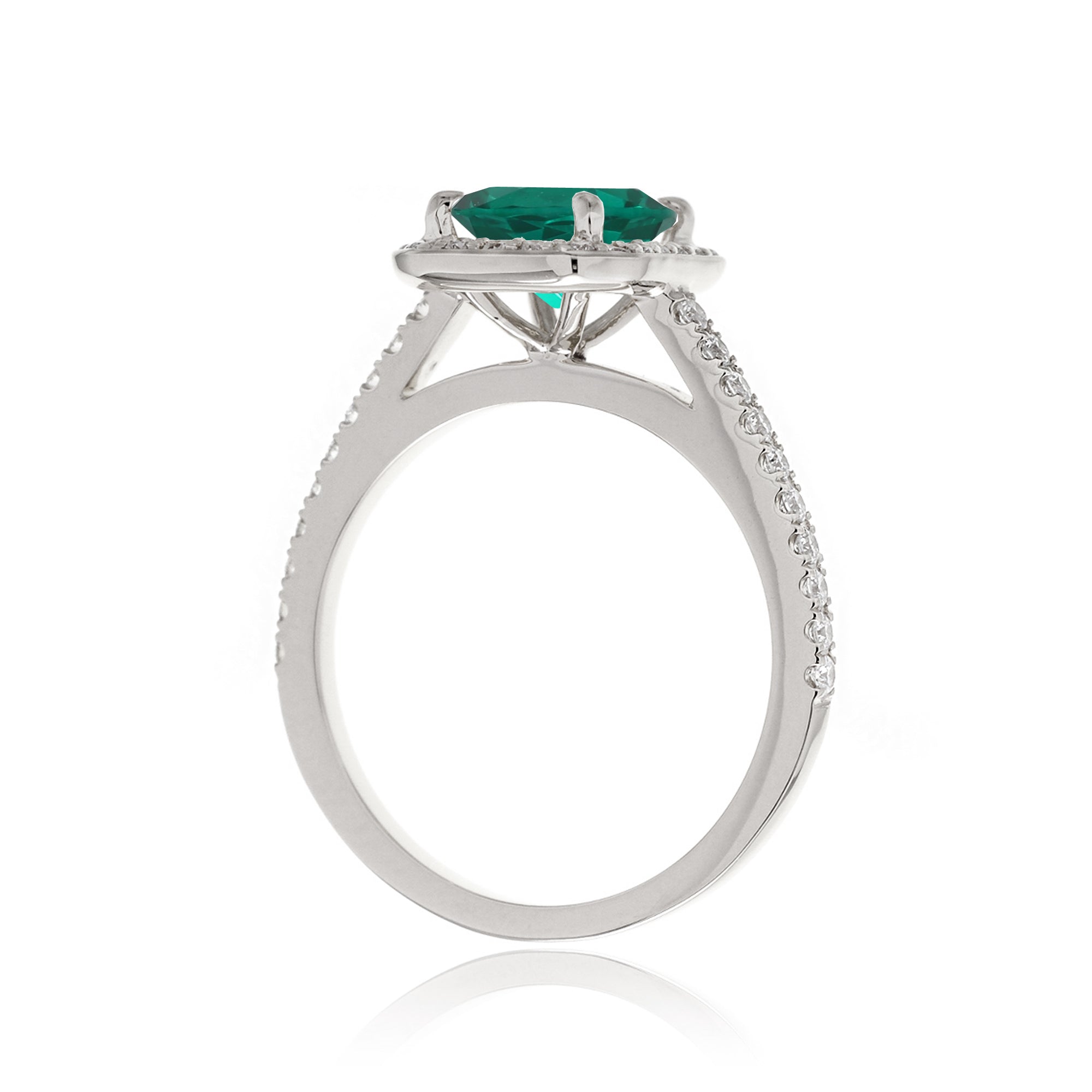 Cushion lab-grown emerald diamond halo cathedral engagement ring - the Steffy white gold