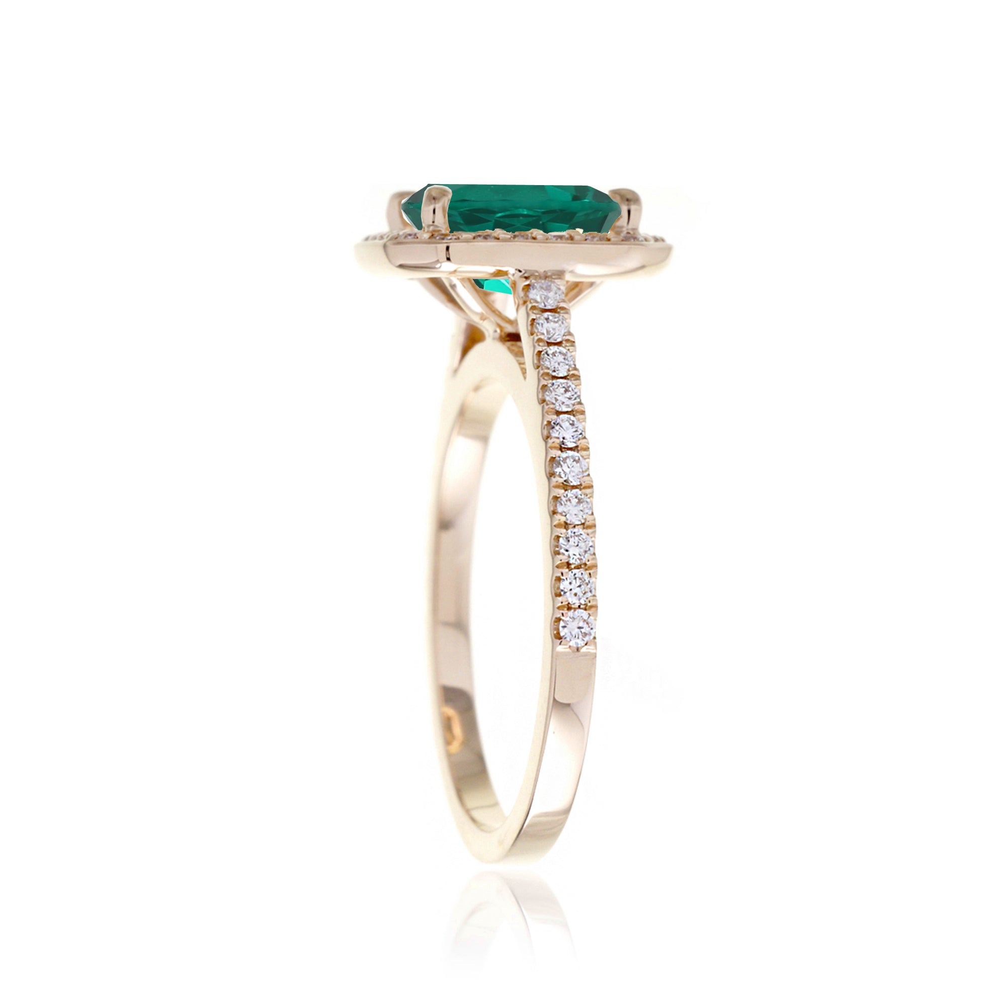 Cushion lab-grown emerald diamond halo cathedral engagement ring - the Steffy yellow gold