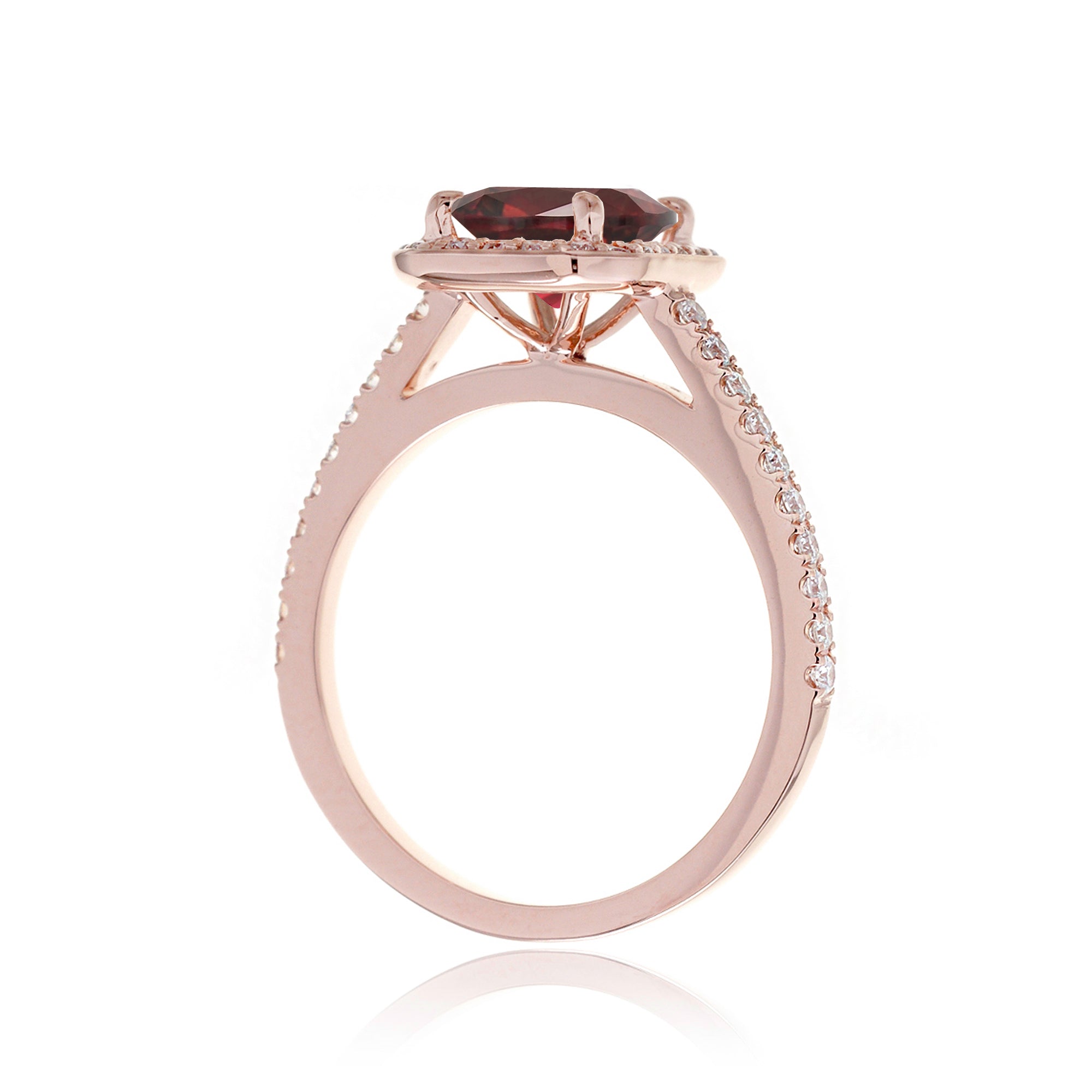 Cushion lab-grown ruby diamond halo cathedral engagement ring - the Steffy rose gold