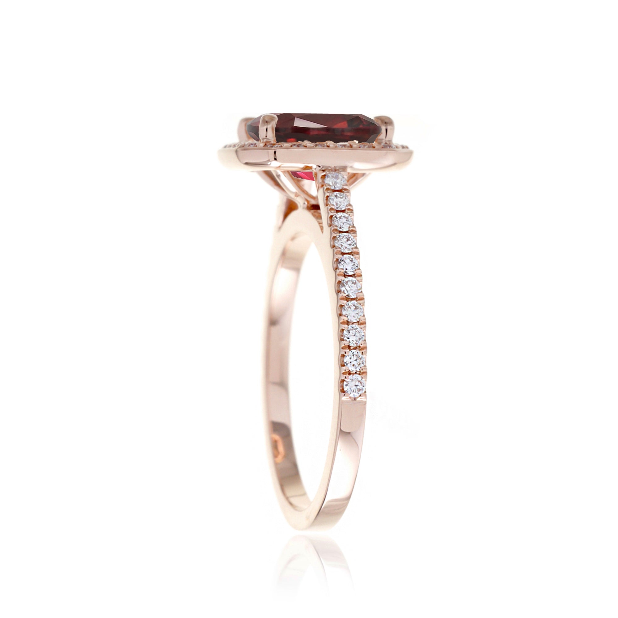 Cushion lab-grown ruby diamond halo cathedral engagement ring - the Steffy rose gold