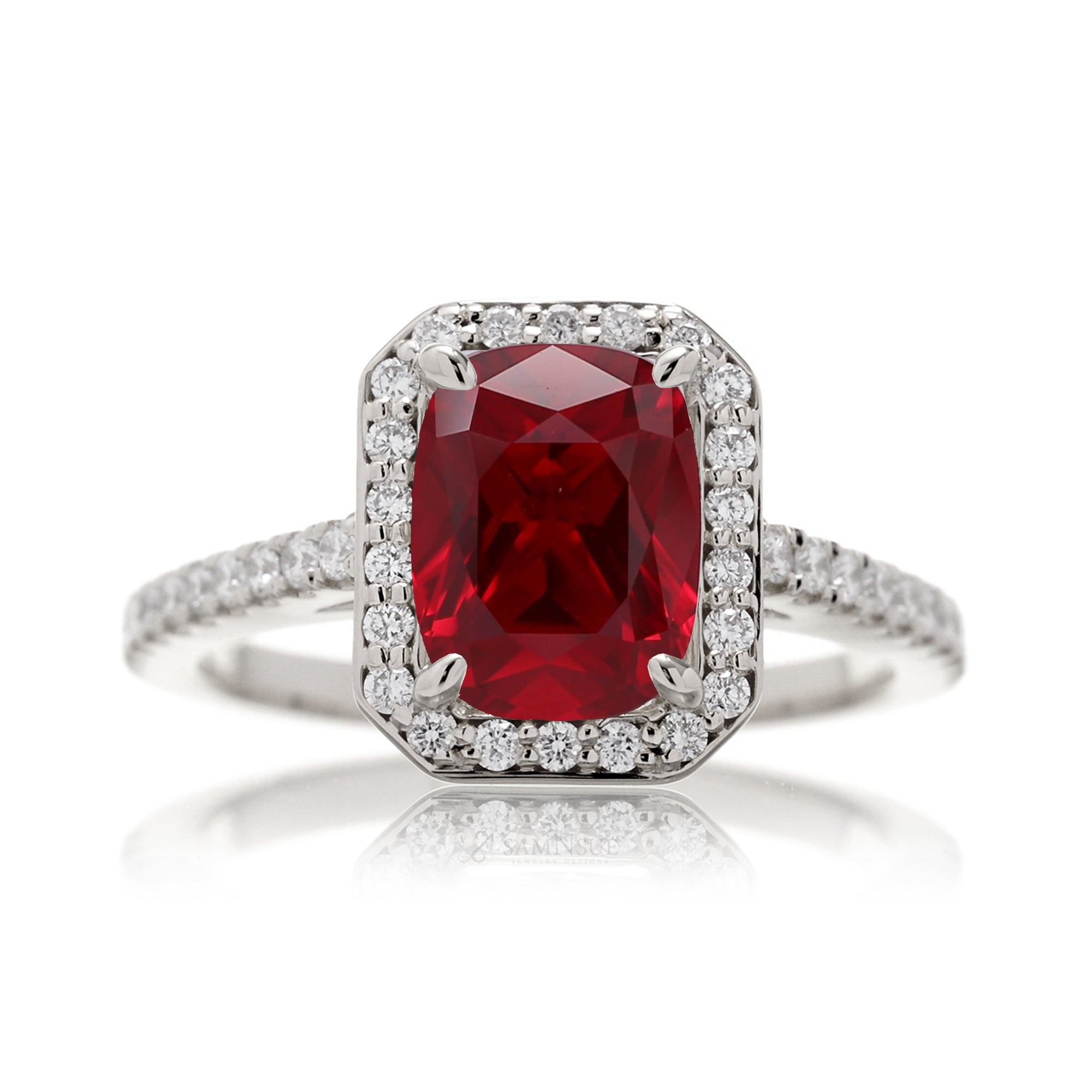 Cushion lab-grown ruby diamond halo cathedral engagement ring - the Steffy white gold