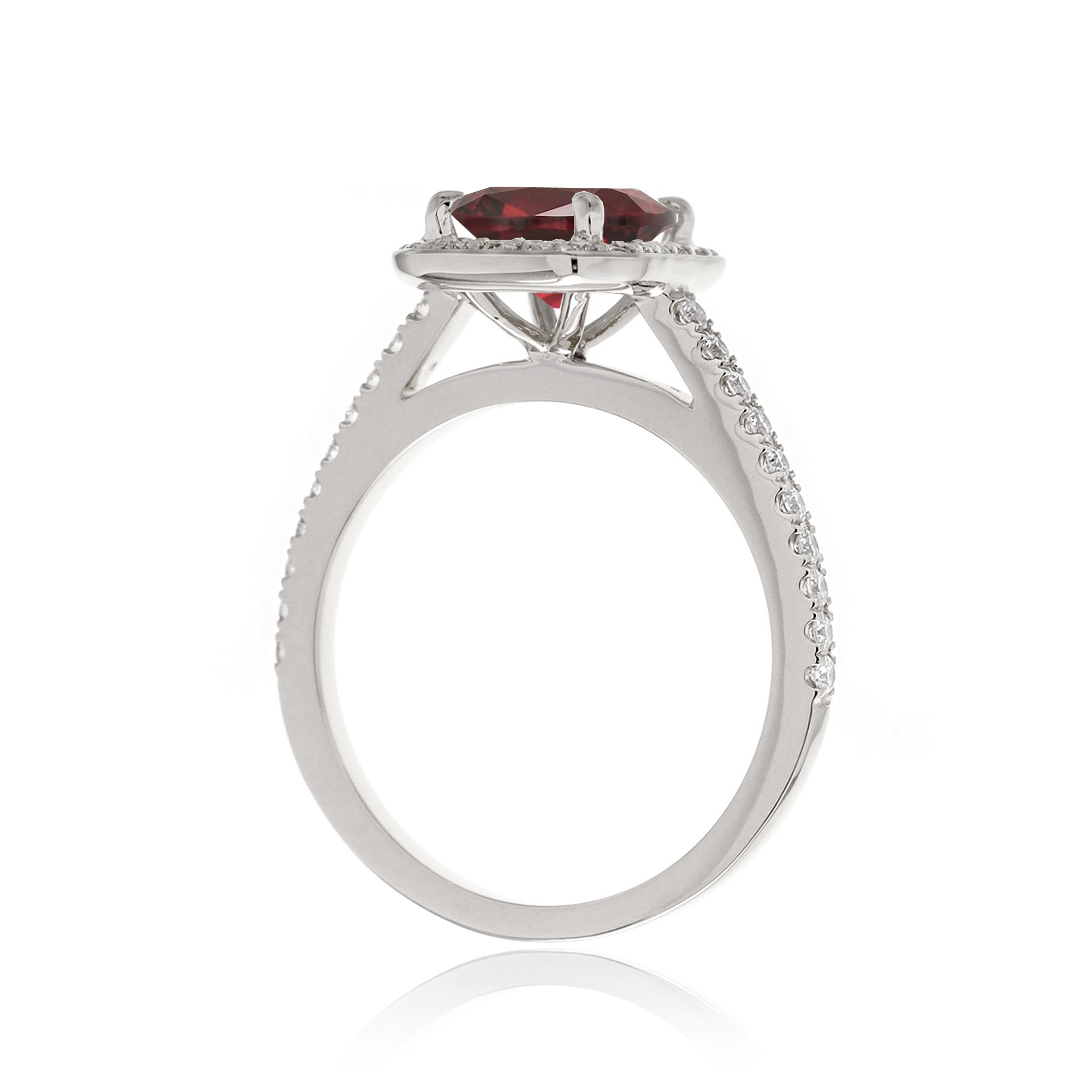 Cushion lab-grown ruby diamond halo cathedral engagement ring - the Steffy white gold