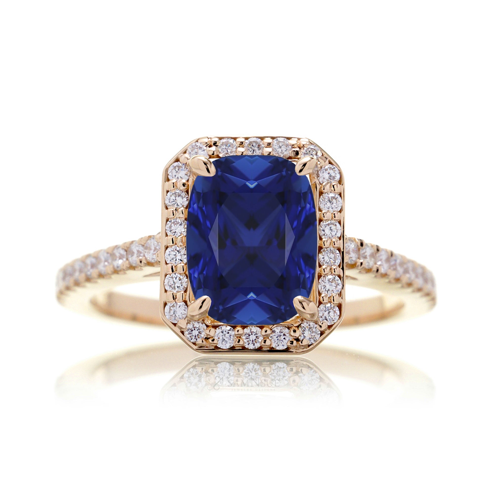 Cushion lab-grown sapphire diamond halo cathedral engagement ring - the Steffy rose gold