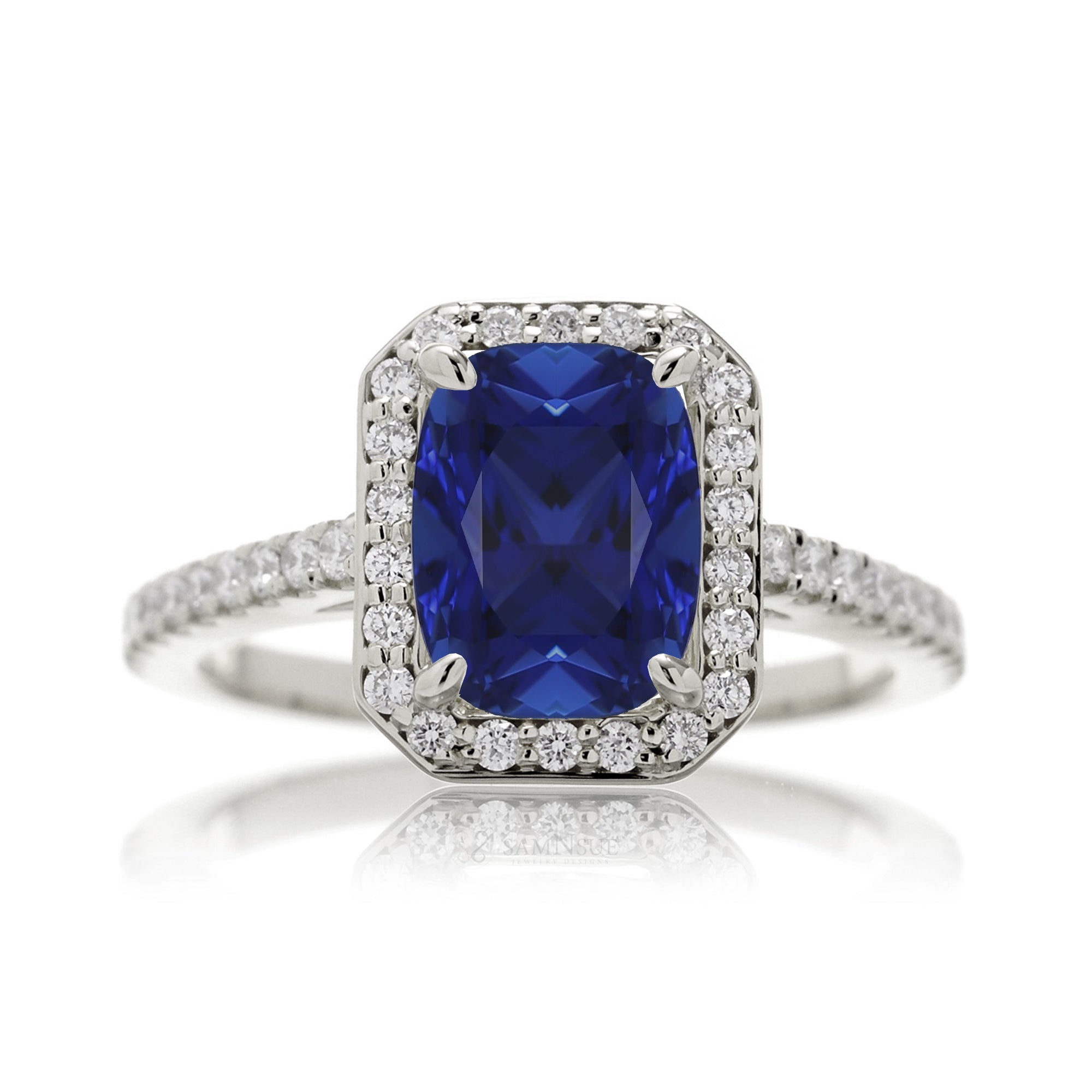 Cushion lab-grown sapphire diamond halo cathedral engagement ring - the Steffy white gold