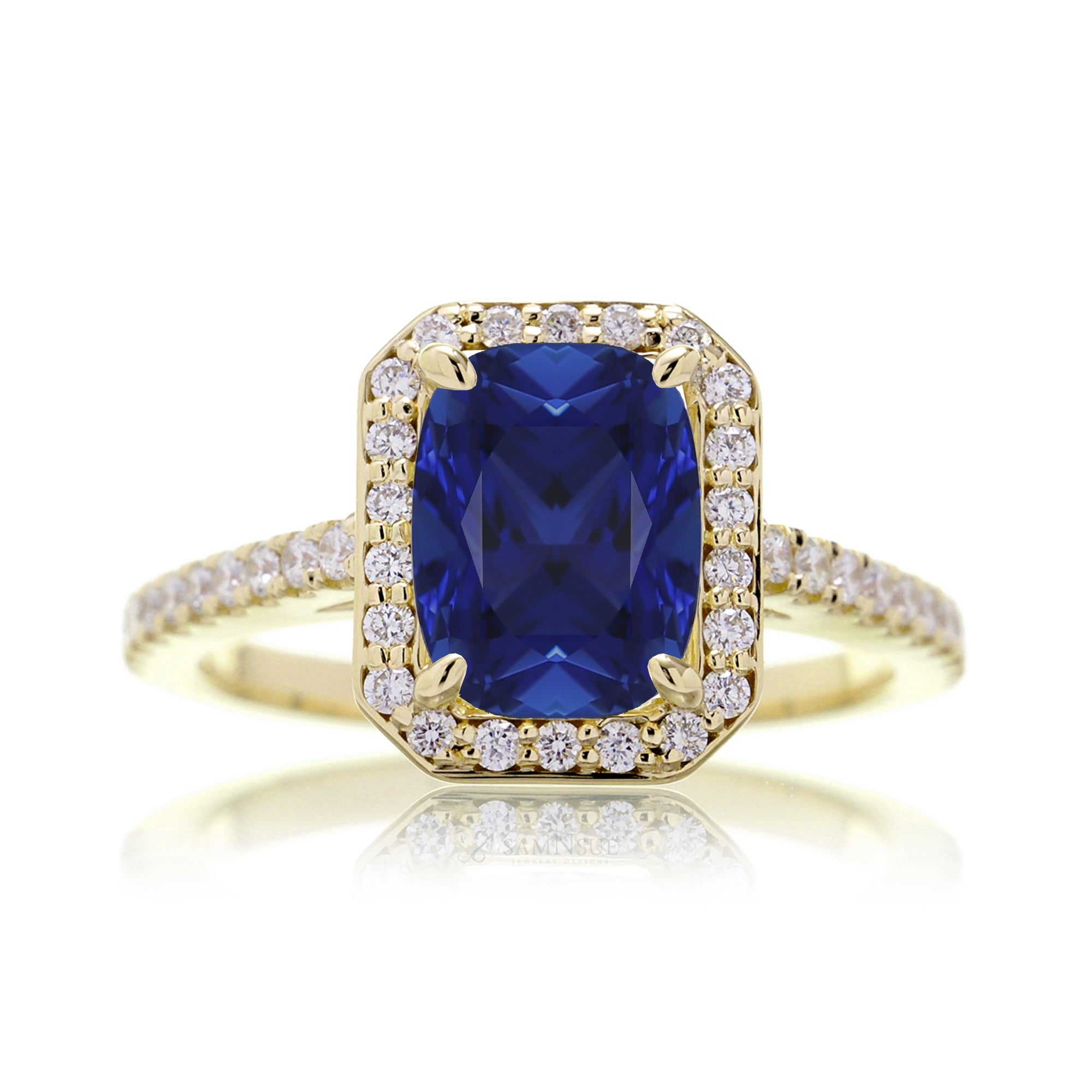 Cushion lab-grown sapphire diamond halo cathedral engagement ring - the Steffy yellow gold