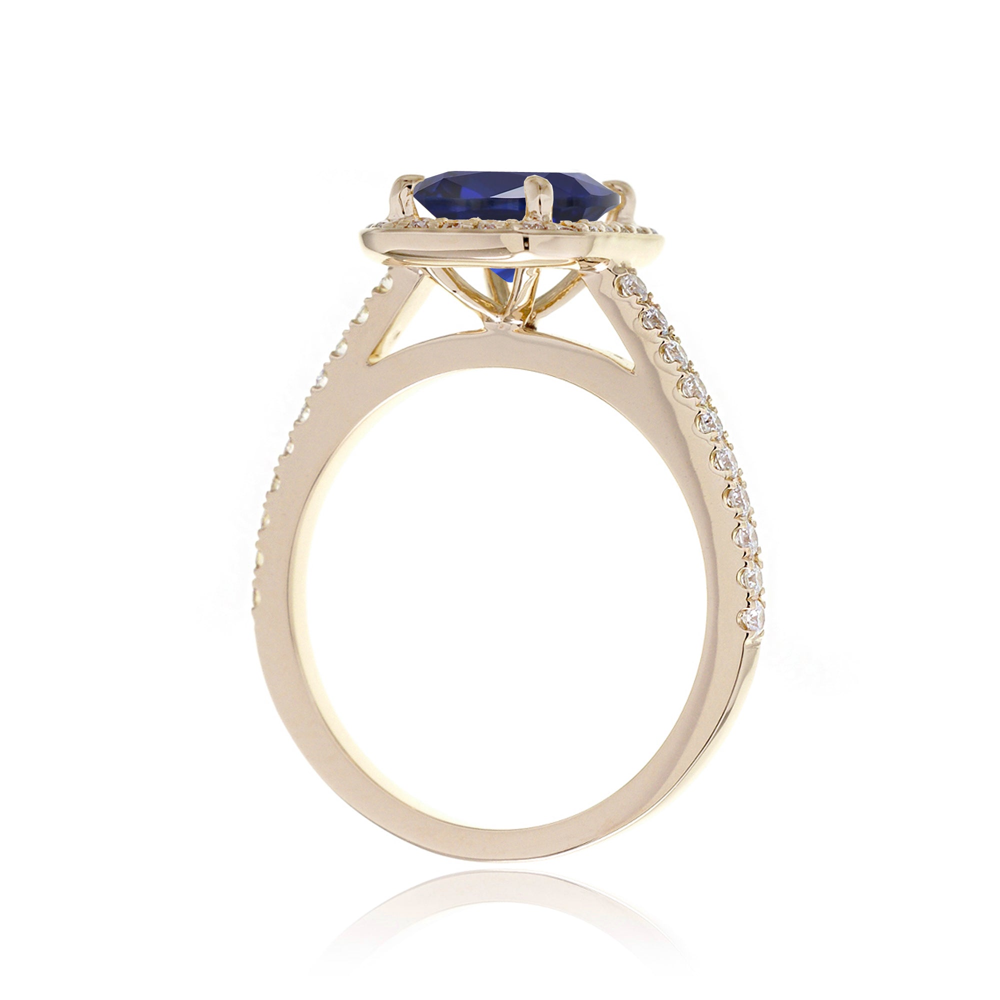 Cushion lab-grown sapphire diamond halo cathedral engagement ring - the Steffy yellow gold